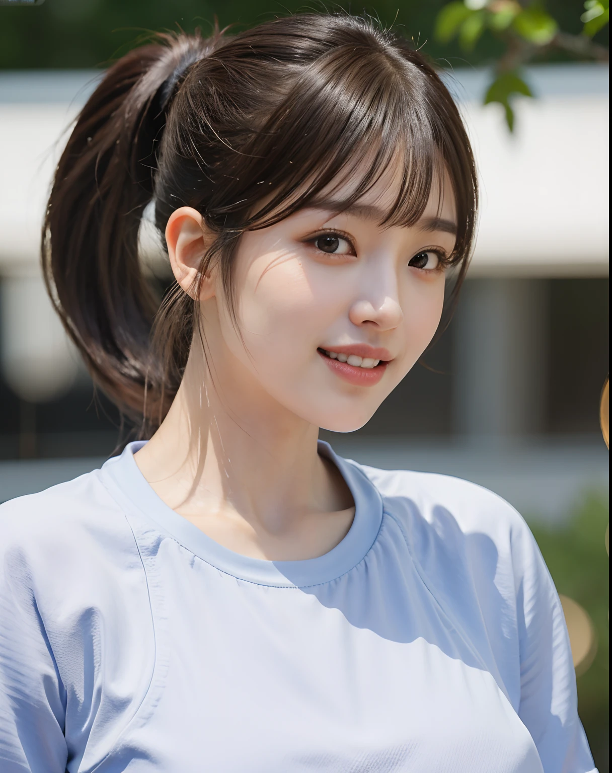 zydG, 1girl, detailed skin, looking at viewer, brown eyes, (ponytail with bangs:1.2), (large breasts:1.0), (large areolae:0.8), parted lips, teeth, smile,
(photorealistic:1.4), (best quality:1.0), (ultra highres:1.0), 8k, RAW photo, (masterpiece:0.2), (sportswear:1.5), from side,
(pureerosface_v1:0.5)