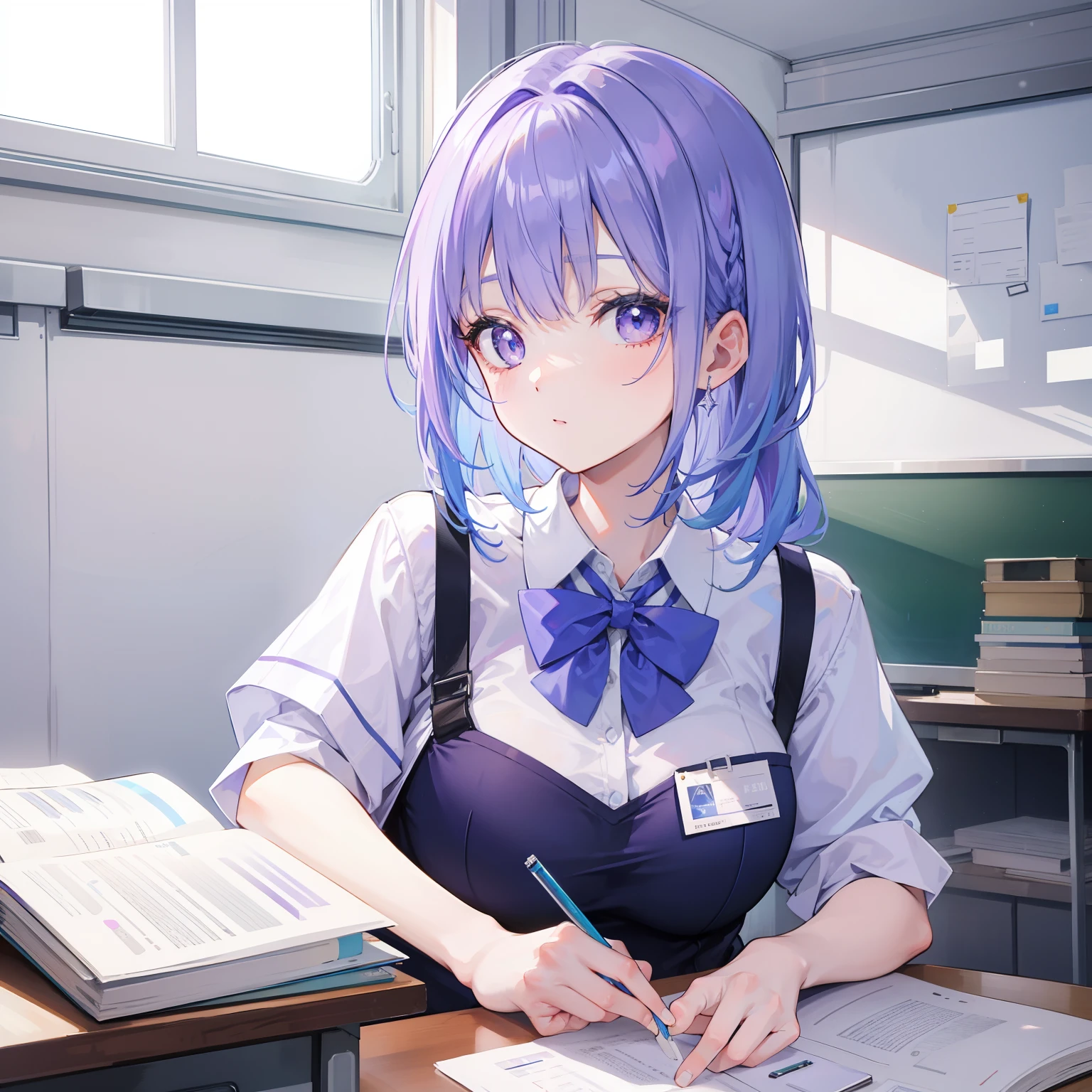 Light purple-blue hair，Crystal clear teacher uniforms，Beautiful female teacher with a fresh and fresh feeling