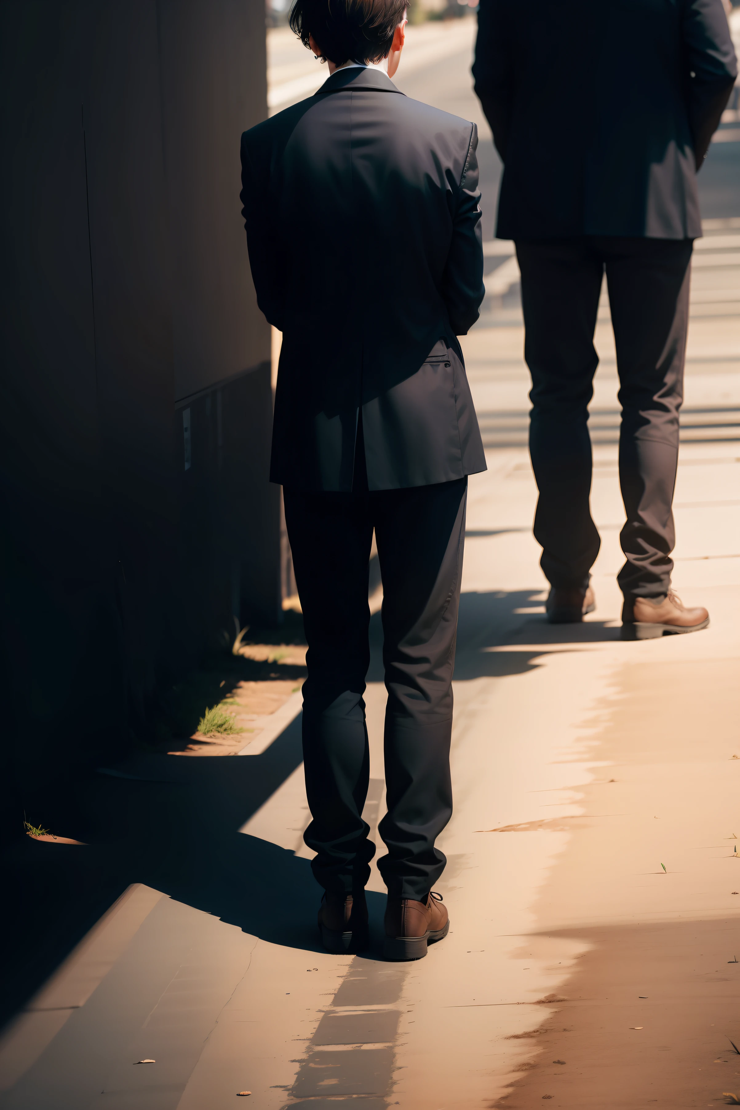 Putting a man hiding behind other people's shadow, man standing smaller than the others and with no shadow of his own