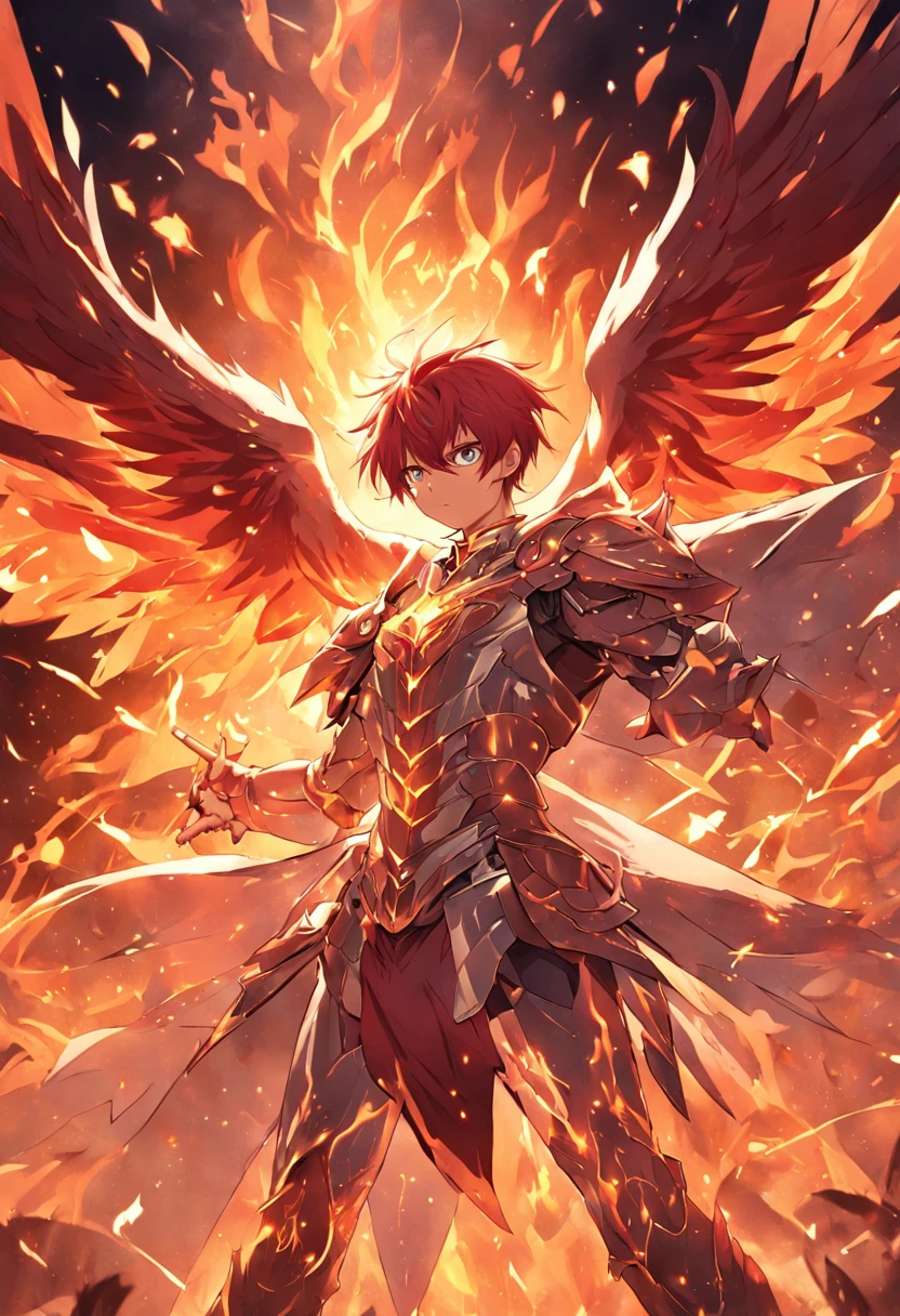 Iggy of Phoenix, 1 persons, Phoenix Knight , Anime Zodiac Knight , Anime Saint Saiya, Fancy image, Phoenix knight walking engulfed in flames, Phoenix bird behind the knight covering with its wings, Perfect Phoenix Armor