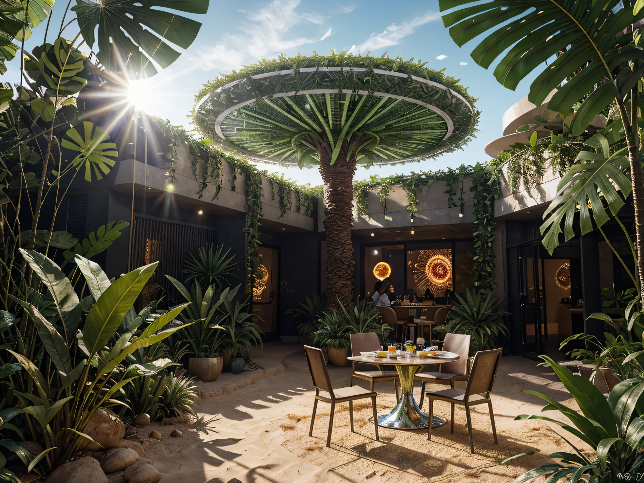 Hyper-realistic photo of a dense desert jungle landscape on Mars, resembling a lush oasis with vibrant flora and exotic fauna. The scene is bathed in warm, diffused sunlight, creating intricate patterns of light and shadow. The focal point is a stylish, futuristic restaurant nestled within the jungle, made of sleek metallic materials and adorned with holographic displays, enjoying a delectable array of dishes from various galaxies. The atmosphere is vibrant and energetic, with the sounds of exotic music filling the air. The photo captures every minute detail, from the texture of the leaves to the individual scales on the alien creatures. It showcases the perfect blend of otherworldly beauty and culinary excellence. Photographed by Ansel Adams, processed with Adobe Lightroom, and enhanced with AI-powered post-processing techniques. 64k, masterpiece