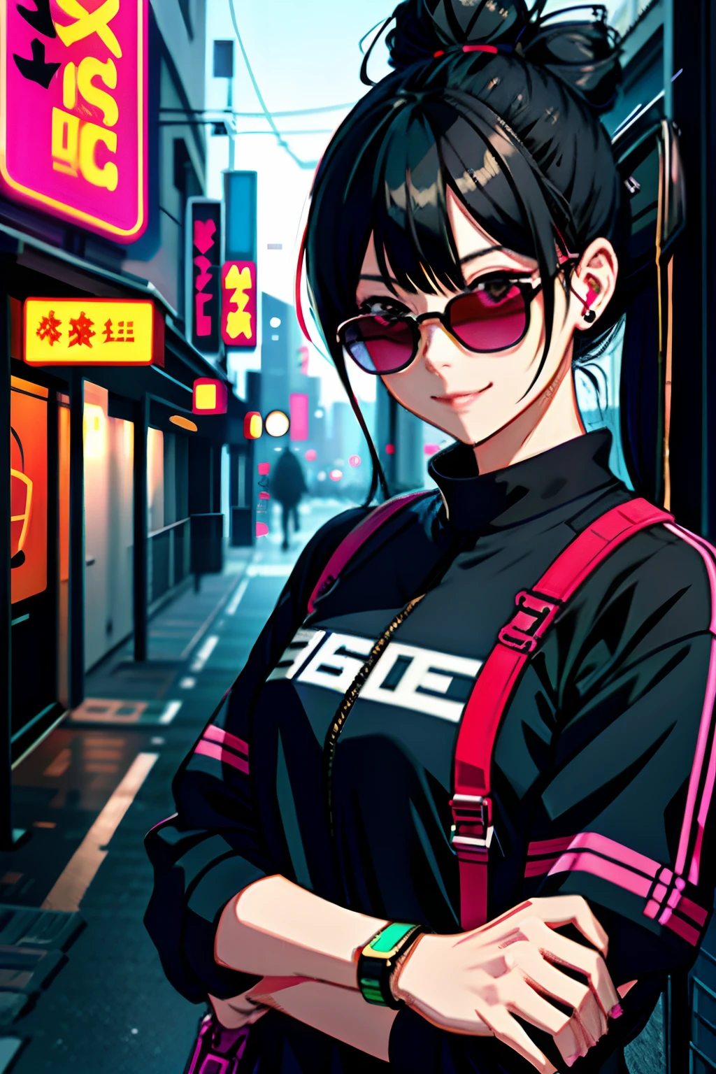 badasss、魅惑的、headphones、Cinematographic lighting、Gal in a bun twin tail、Colored Sunglasses、Looking here、Urban background、Neo Gal、Sanpaku eyes、Smiling with the corner of one mouth raised、The background is a neon street、A dark-haired、Black eye、sullenness、Jersey style clothing、Healthy