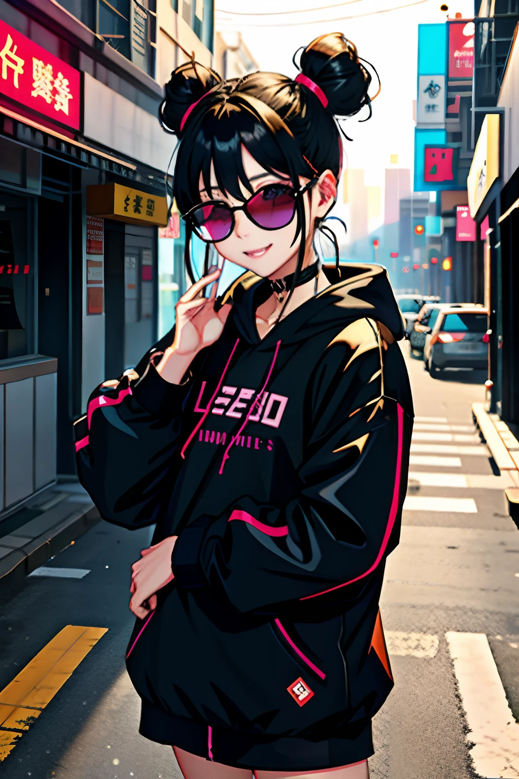 badasss、魅惑的、headphones、Cinematographic lighting、Gal in a bun twin tail、Colored Sunglasses、Looking here、Urban background、Neo Gal、Sanpaku eyes、Smiling with the corner of one mouth raised、The background is a neon street、A dark-haired、Black eye、sullenness、Jersey style clothing、Healthy