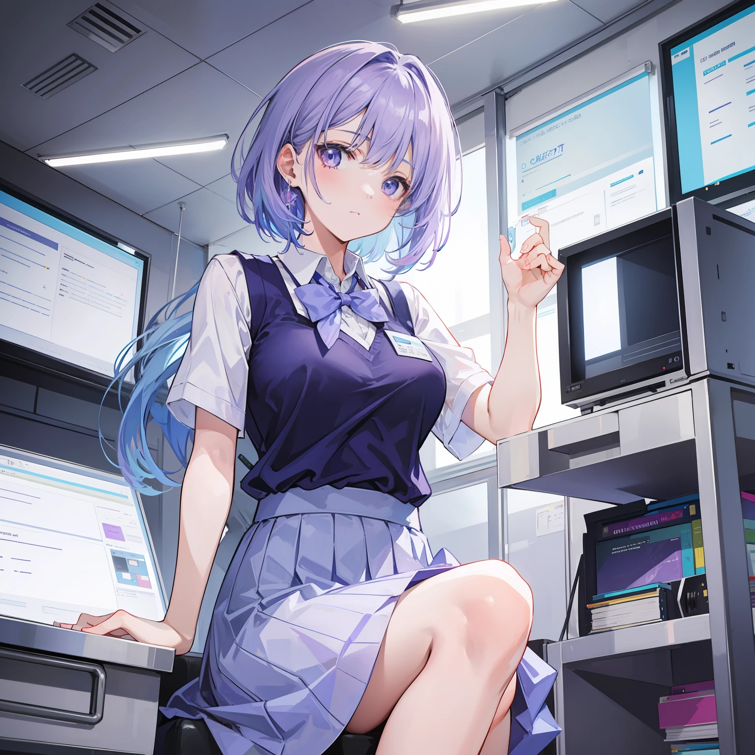 Light purple-blue hair,Crystal clear teacher uniforms,Beautiful female teacher with a fresh and fresh feeling