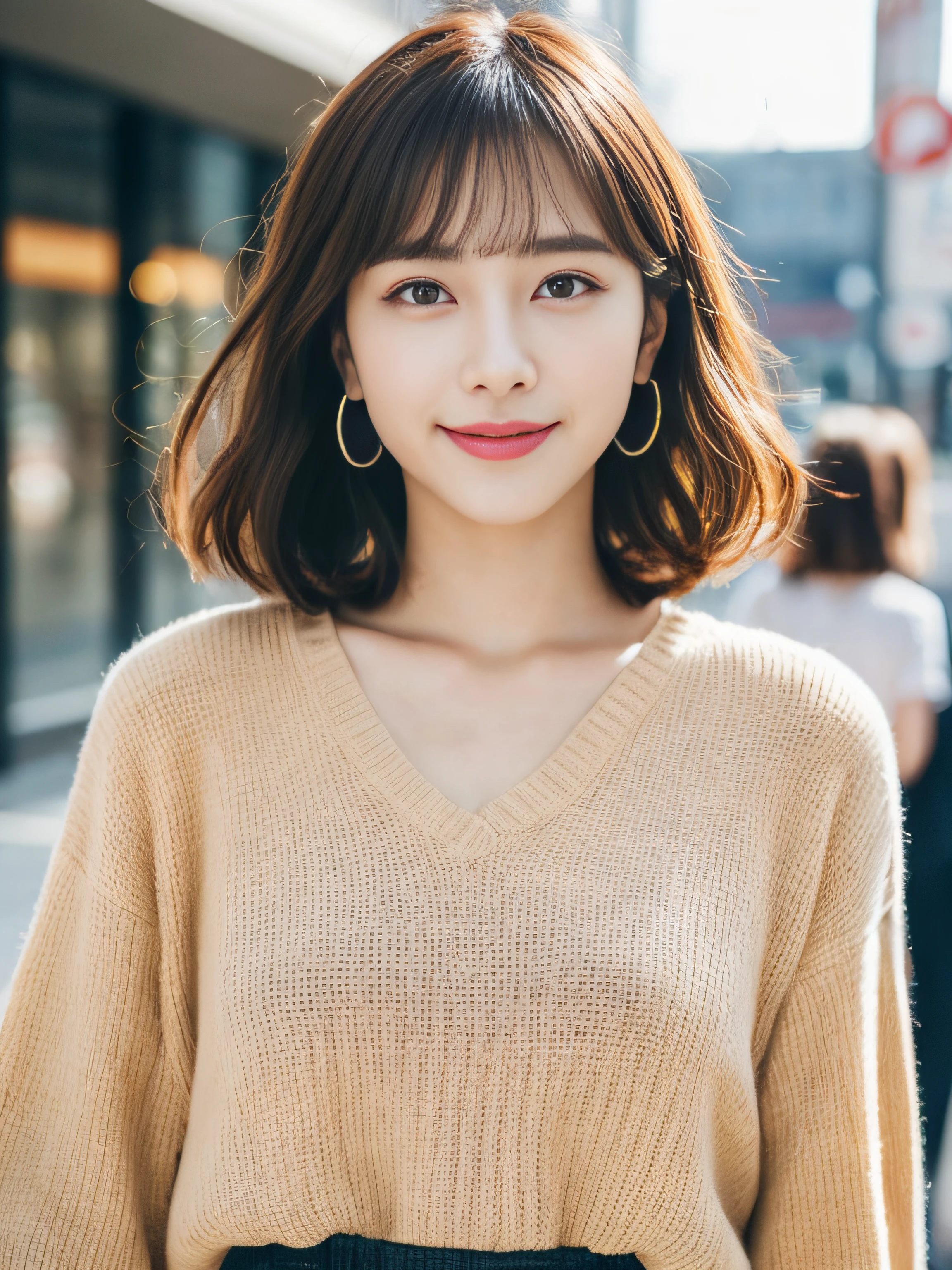 (8k, RAW photos, top quality, masterpiece: 1.2), ultra detailed, super resolution, (real, real photos: 1.37), portraits, high definition RAW color photos, professional photos, very detailed and beautiful, highly detailed, 8k wallpapers, amazing details, huge file size, official art, highly detailed CG Unity 8k wallpapers, highly detailed beautiful girls, highly detailed faces, Highly detailed eyes, Highly detailed skin, Highly detailed fingers, Highly detailed nose, Highly detailed detailed mouth, Perfect anatomy, Highly detailed background, Highly detailed clothing, (18:1.2), 30s, Cute girl, Famous Japan idol, Cute, Realistic Body, Petite, White skin, Radiant skin, Slim body, Handsome body, Brown hair, Short curly hair, (Blunt bangs: 1.2), smile, cute, youthful, pretty face, realistic face, delicate eyes, sagging eyes, beige shirt, skirt, earrings, camera gaze, front facing, standing, contrappost, high street, dynamic lighting, indoor