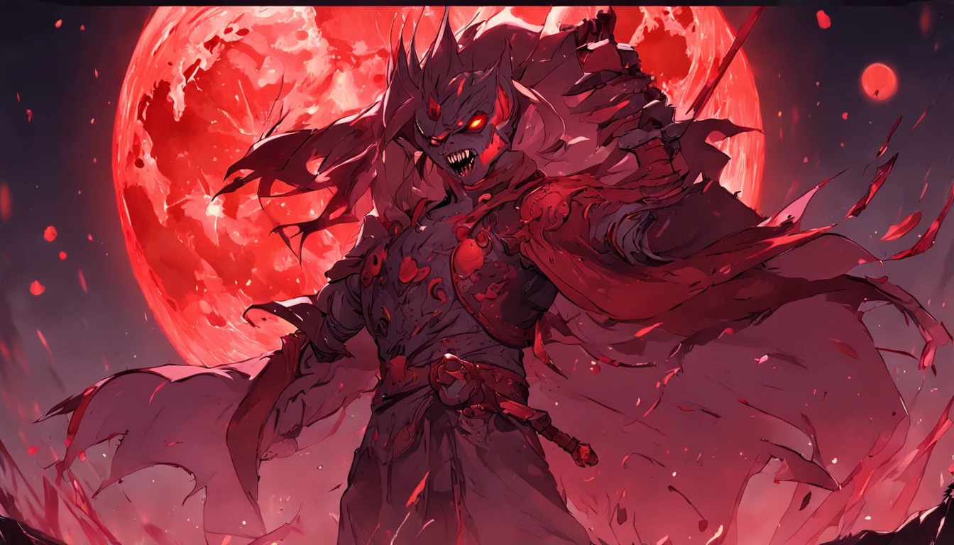 Dark night blood moon background,The orc cub in the middle holds a blood-dripping sword。
