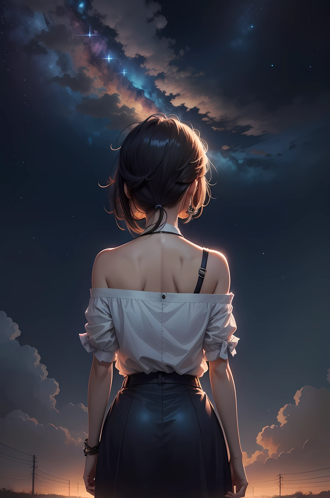 Anime drawing, Night Sky Background, The girl is standing with her back, hair on the right shoulder, left shoulder open, On the far side of the star, Like in the sky, style of makoto shinkai