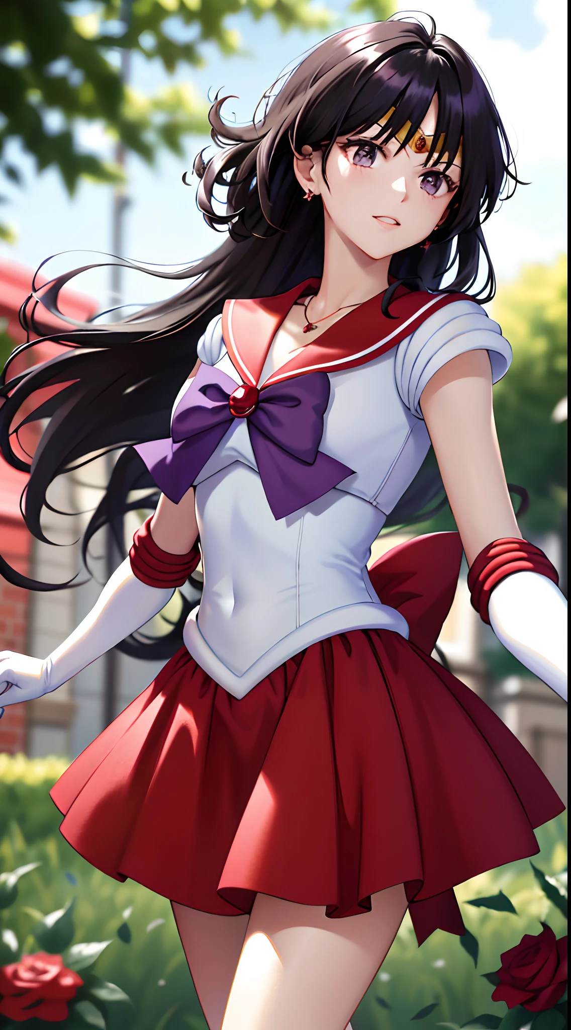 Masterpiece, best quality, high resolution, sama1, tiara, sailor sensi uniform, white gloves, red sailor collar, (red skirt), star necklace, elbow gloves, pleated skirt, bare leg, purple bow, denim shooting, background bokeh (((85mm lens)), front facing camera, gentle expression, wind blowing hair, hair (black), sideways, posing