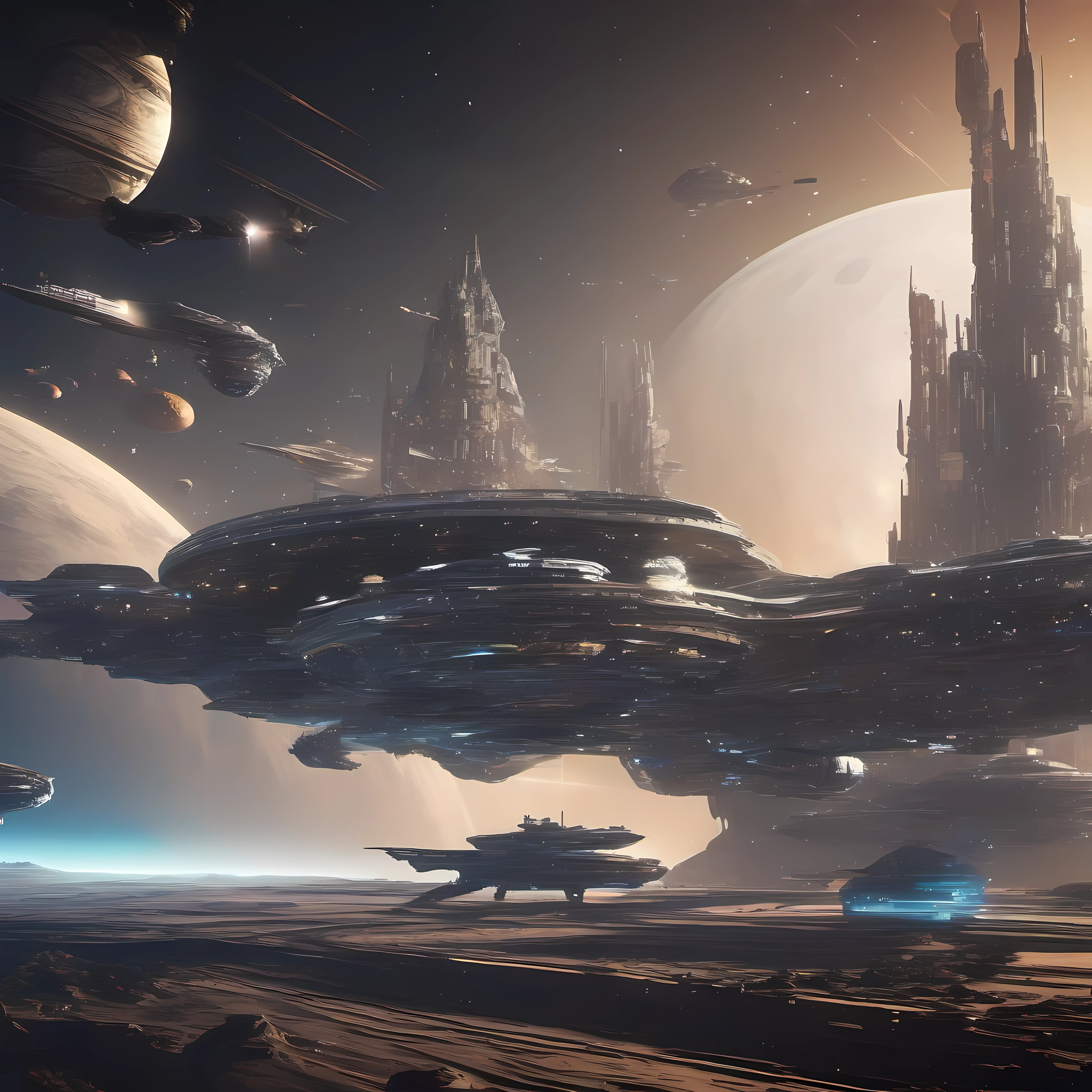 Vast spaceship fleet exponentially expanding from one to filled horizon, accelerating space travel capabilities, enormous sense of scale, Unreal Engine, --ar 16:9