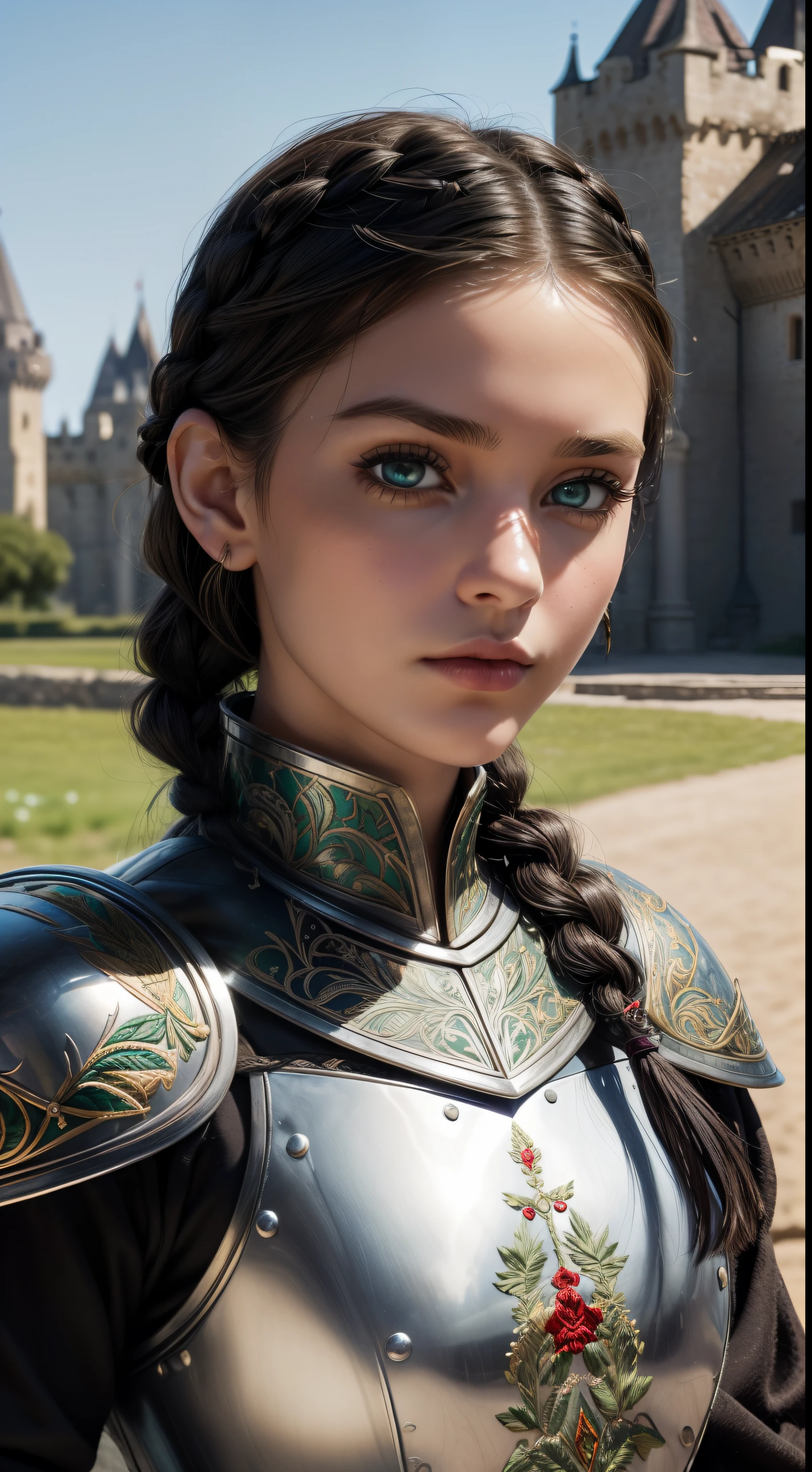 (((masterpiece, best quality))),(extremely intricate), portrait of a girl, 18 year old, (((caucasian))), (((emerald eyes))), (((perfect eyes))),(((perfect iris))), (((perfect pupils))), ((perfect lips)),((perfect nose)), (((perfect hands))),(((very detailed hands))), (((perfect fingers))),(((black hair, short hair, straight hair, small braid in her hair))), (medieval armor), metal reflections, silver armor, ((embroidery on armor)),far away castle, blurry background, Perfect chainmail, ((confident)),(Pose:looking at the camera)
