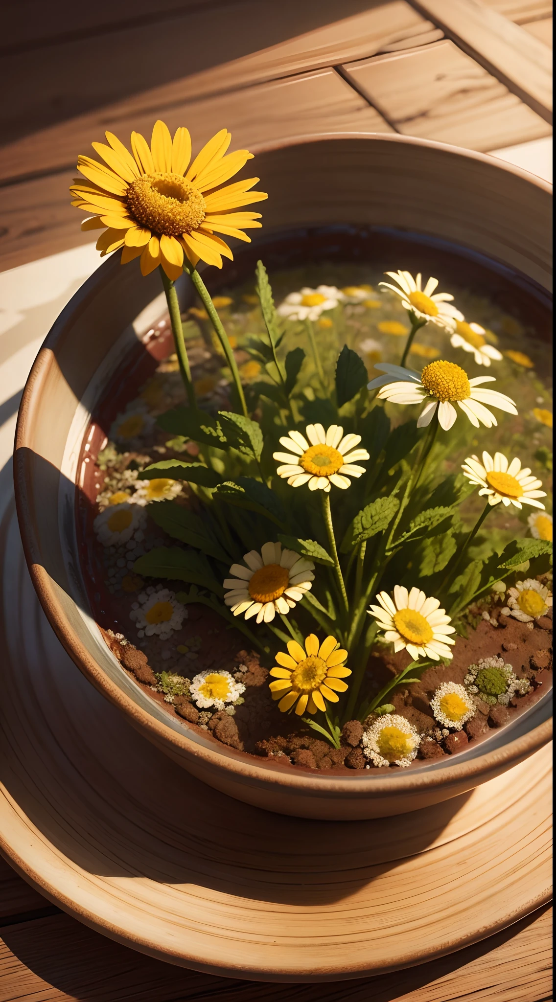 flower, camomile, plant, Medicinal herb, Nature, rendering, Photorealistic, Ultra HD, 4K, Detailed textures, Detailed colors, Realistic shadows, Detailed shadows, Detailed textures, Sunset,