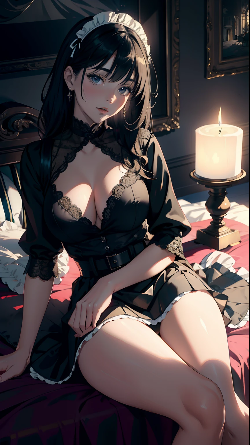 masterpiece, top-quality, Detailed details, Detailed landscapes, beatiful lights, Beautiful Shadows,girl with,((lying back)),(laying on back),close legs,((Bare legged)),30-years old,Bewitching look,Black eyes,a miniskirt,Slit skirt,(maid clothes), detailed skin textures, Tyndall effect,mansion,mansion,Bedroom,(Antique bed),Candlelight