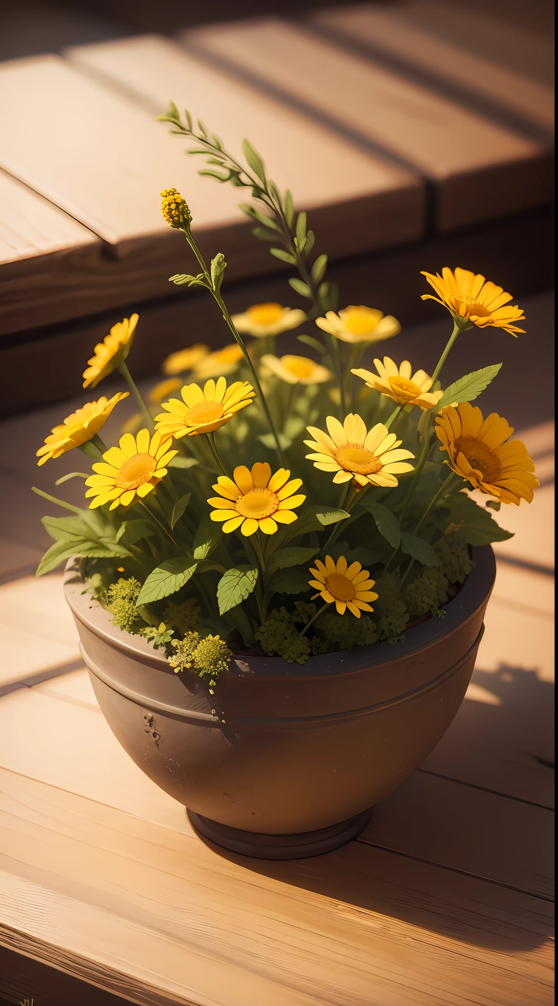 flower, camomile, plant, Medicinal herb, Nature, rendering, Photorealistic, Ultra HD, 4K, Detailed textures, Detailed colors, Realistic shadows, Detailed shadows, Detailed textures, Sunset,