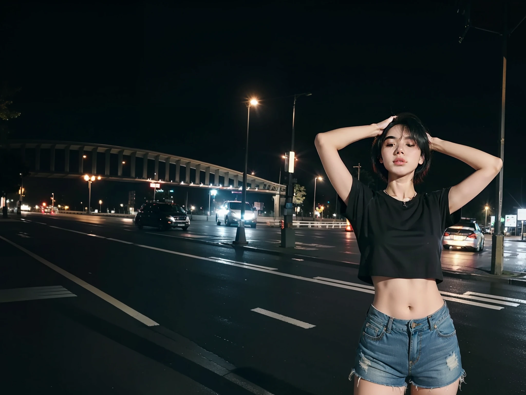 1girl,3d,arms_behind_head,arms_up,bag,black_hair,black_shirt,brick_wall,bridge,building,car,city,city_lights,cityscape,closed_eyes,clothes_writing,crop_top,denim,hands_in_hair,hands_on_own_head,midriff,navel,night,outdoors,photo_background,real_world_location,realistic,road,shirt,short_hair,short_shorts,short_sleeves,shorts,skyscraper,solo,stadium,street,white_shorts