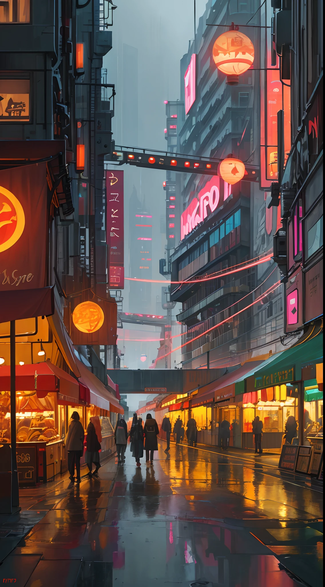 ((masterpiece)),((best quality)),((high detail)),((realistic,)) Futurist era city, architectural streets, bazaars, futuristic train lines, cyberpunk, buildings, night, European city, rainy, neon