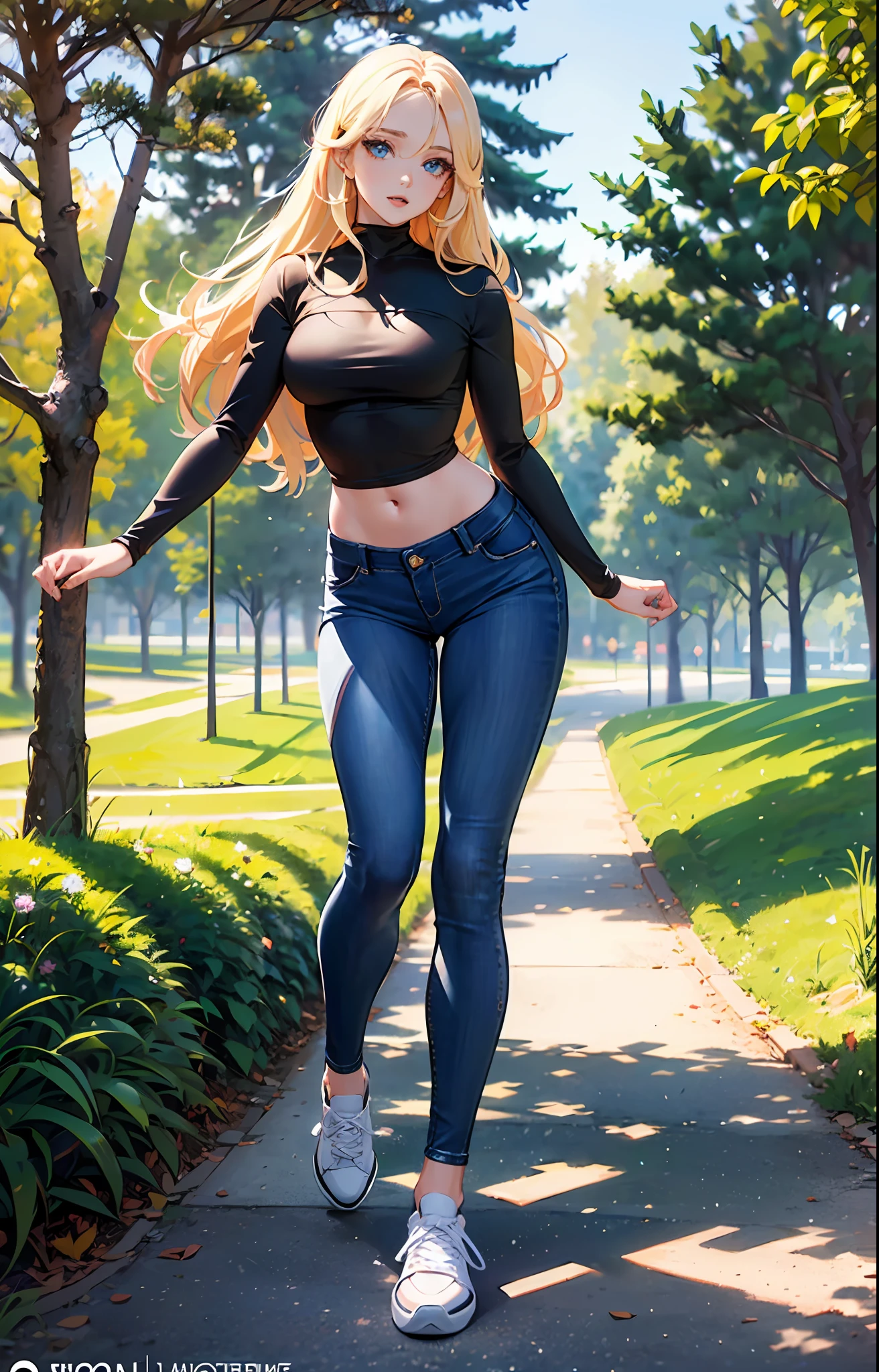 masterpiece, extremery magnificent view, perspective, extremery best quality, extremery detailed CG, 8k wallpaper, high resolution, highly detailed face, highly detailed eyes, perfect anatomy, super detailed skin,
(dynamic angle, dynamic pose:1.2), outdoors, park, tree and pond, (portrait, legs focus, full body), (beautiful face, beautiful eyes, beautiful legs:1.3),
1 girl, solo, (black top, blue jeans pants:1.3), (skinny jeans:1.3), long sleeves, medium breasts, blond hair, long hair, floating hair, straight hair, open forehead, (white sneakers:1.3), blue eyes, (navel:0.8), skinny, slender, wide hips, thin waist