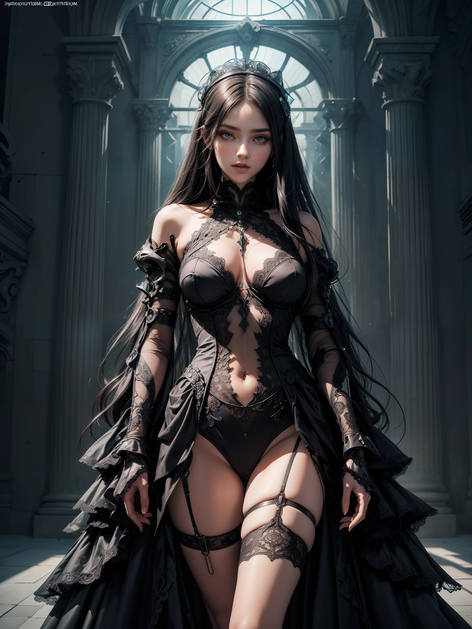 [Detailed illustrations, art based on extremely ideal anatomy, Very detailed and detailed drawing, slow and delicate lines, realistic texture expression],((Color tressed main line)),(Artwork with outstanding craftsmanship),(Ruins background),MACHINEAlice HENTAI ANIME Beauty (Tall (Tall))  Smooth straight hair (long transparent hair) automaton,Black Dress Black Rose ((Lace pattern) (thorn)) (Alien Armor Chain (Transparent material)) (Cybernetic Gothic Lolita (Titanium Alloy)),(((Bondage:0.4)))),((Fine and beautiful skin expression (Transparency))),((Clear gaze)),((Perfect eye details (nicely drawn eyes)))),(Beautiful perfect face ( Realistic facial details)),((Beautiful hair details)),(perfectly proportions)),(Design built to a high level,(((Advanced structural understanding of materials)),Ideal color coordination),((artistic décor))) ((Dense details)),(detail,High definition)),[(ultra-precise detail),(((Many-Layer Textures)), high high quality,high resolution],((Accurate simulation of light-material interaction, Understanding Airflow, mechanically correct representation)),(((Visual art with a sense of narrative)).