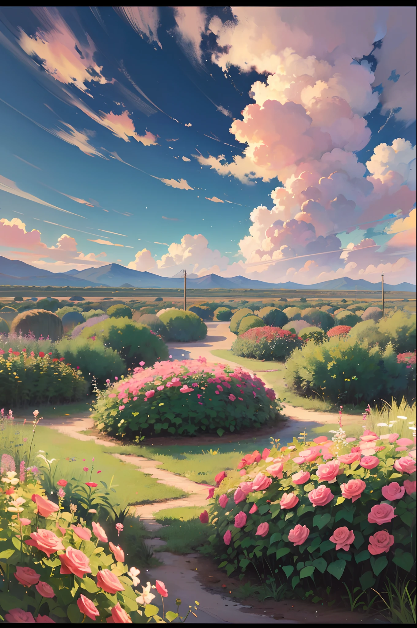 **Summer, desert, pink clouds, a land overgrown with roses, James Gurney, art station rendering, ultra-wide lens, high definition, --auto --s2