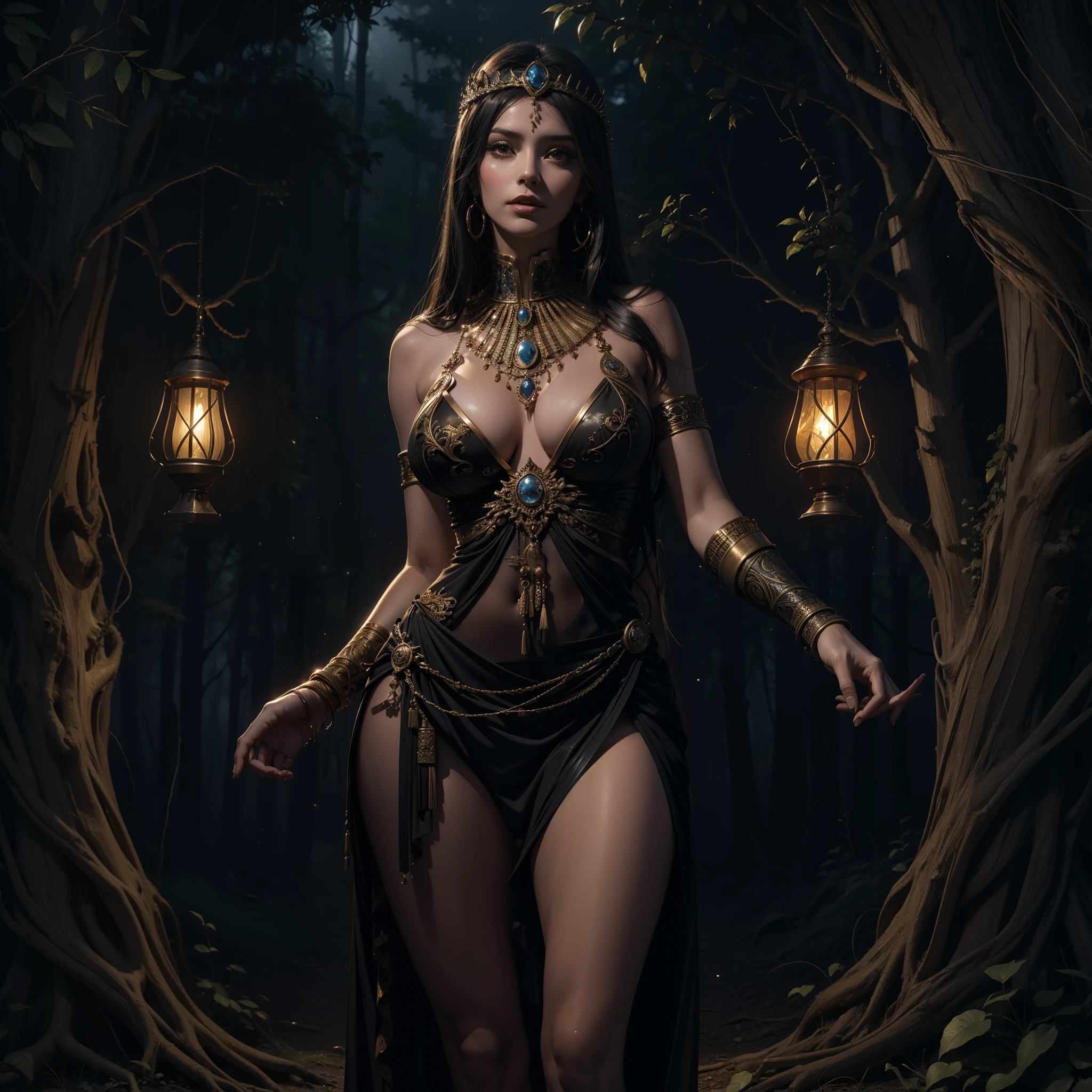 beste-Qualit, tmasterpiece, higly detailed, realisti, hight resolution, Adult movie star, tall body, hourglass shape, The woman, Dancing in the woods, Egypt, An ancient, nighttime, Antique costume, Seduction. , Make an erotic face, Squirming erysipelas, lamp, Very little light, Very dark, Very dark, no light, Foggy