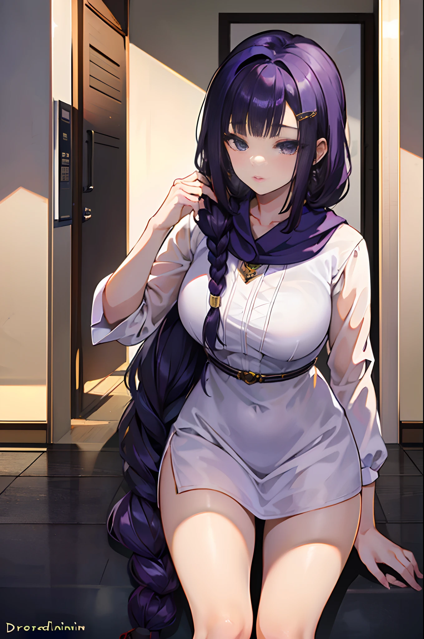 (masterpiece), (highest quality), ((Super detailed))、(super delicate)、Cute naughty Artificer mother、Pastel colors hair、(huge breasts:1.2, Thighs:1.2, thick legs:1.2, curvy:1.2, towering stature:1.5, massive fat thick unnatural belly)、Gorgeous、purple eyes, (hair over one eyes:1.3, ahoge, messy hair:1.2, tired hair:1.2, flipped hair, very long hair, bags under eyes:1.3), black hair, (purple hair:1.1), (blush:1.2, emberrased:1.2, quiet personality:1.2, scared:1.2, looking away, wavy mouth), hand over face