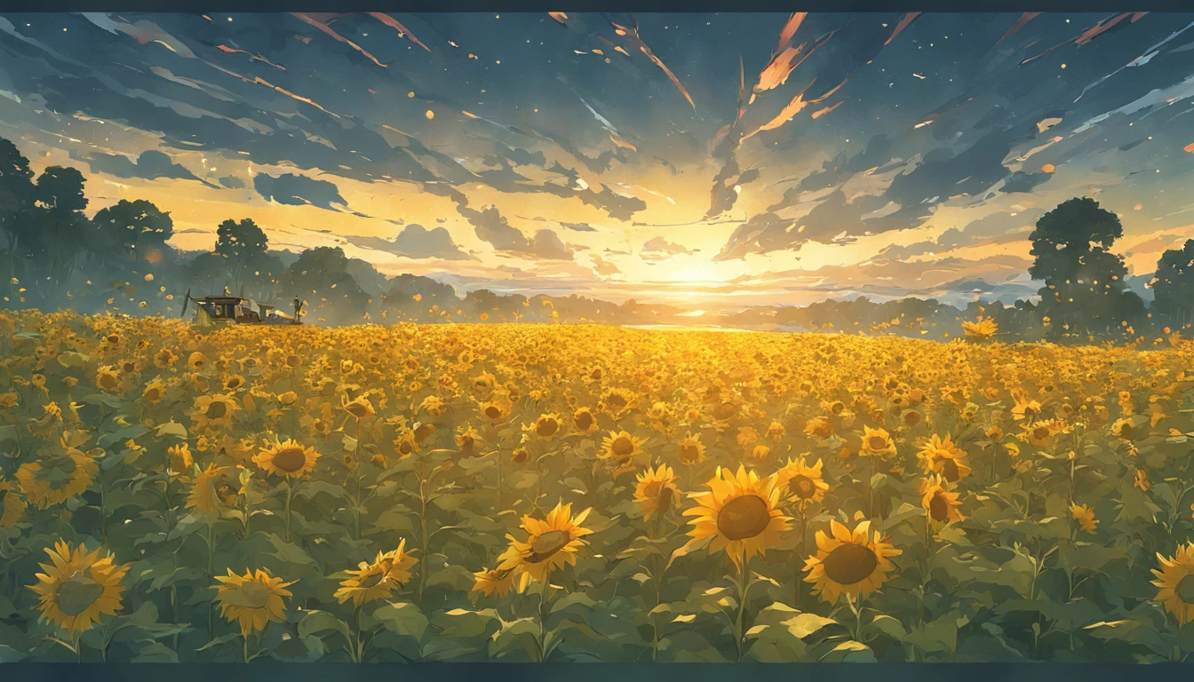 ((Midsummer Dusk)),sunflowers fields、twlight,Green Flash,landscapes,(Best Impact:1.5), (maximalism:1.7),Vivid contrast, (Realistic), hyperrealistic illustrations, hight resolution, ultra-detailliert, absurderes,(Fractal Art:1.3),Retro、Precise focus、cinema4d、Drama