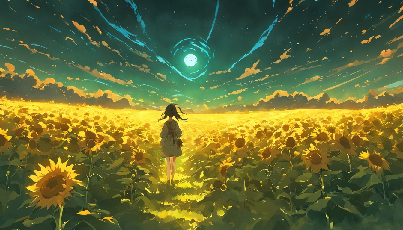 ((Midsummer Dusk)),sunflowers fields、twlight，Green Flash，landscapes，(Best Impact:1.5), (maximalism:1.7),Vivid contrast, (Realistic), hyperrealistic illustrations, hight resolution, ultra-detailliert, absurderes,(Fractal Art:1.3)，Retro、Precise focus、cinema4d、Drama