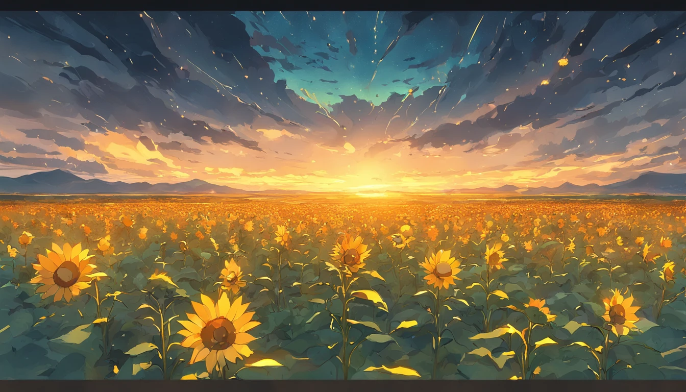 ((Midsummer Dusk)),sunflowers fields、twlight，Green Flash，landscapes，(Best Impact:1.5), (maximalism:1.7),Vivid contrast, (Realistic), hyperrealistic illustrations, hight resolution, ultra-detailliert, absurderes,(Fractal Art:1.3)，Retro、Precise focus、cinema4d、Drama