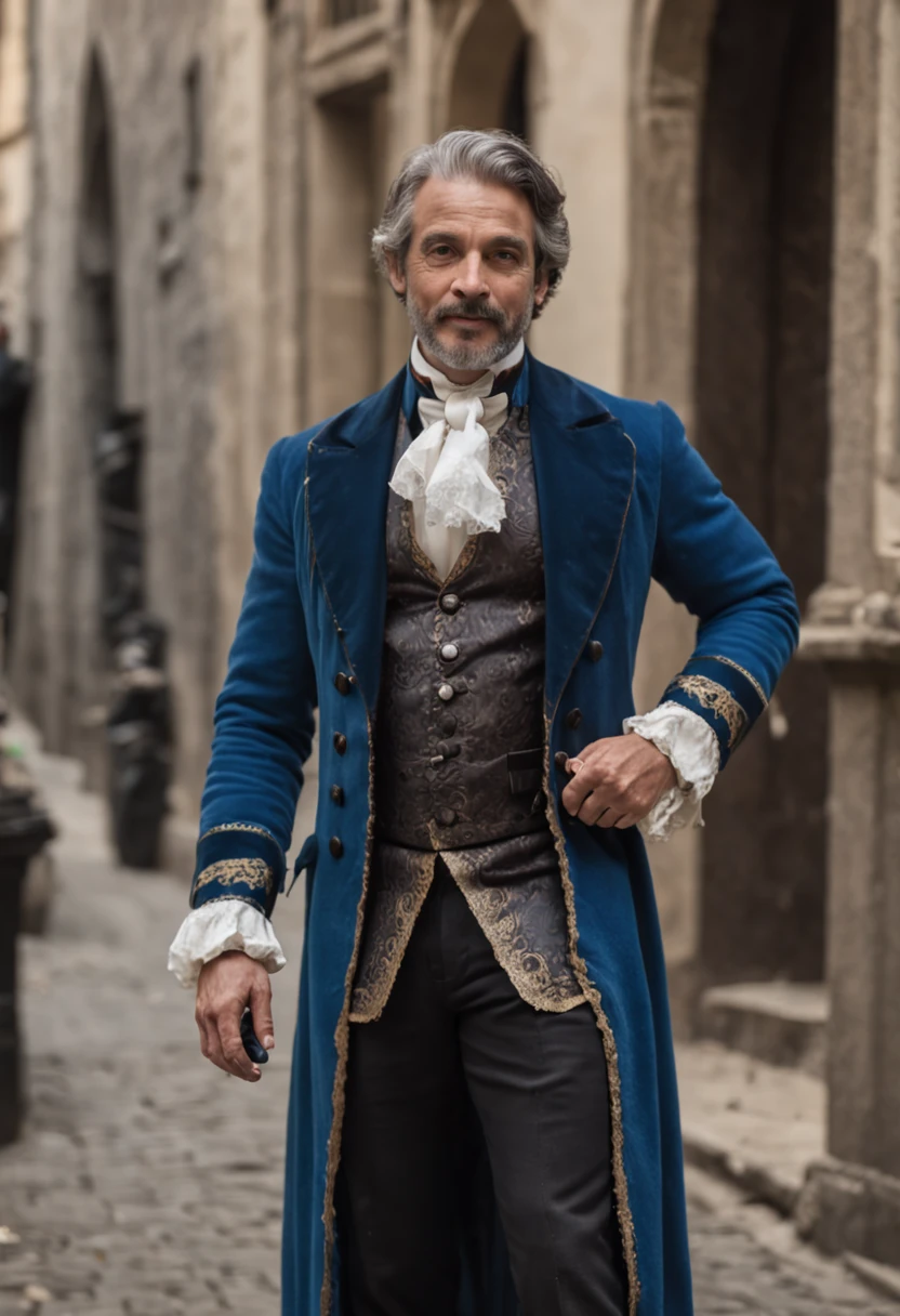 melhor qualidade, Ultra resolution, corpo inteiro, fundo detalhado, realista, 8k, um homem em um traje azul e preto, magro, e muito bonito, musculoso, Magic Pied Piper, vestindo um sobre-tudo preto que lhe da poder magico, and white shoes with magical power, Super evil villain, walking down a city alley playing his magic flute.