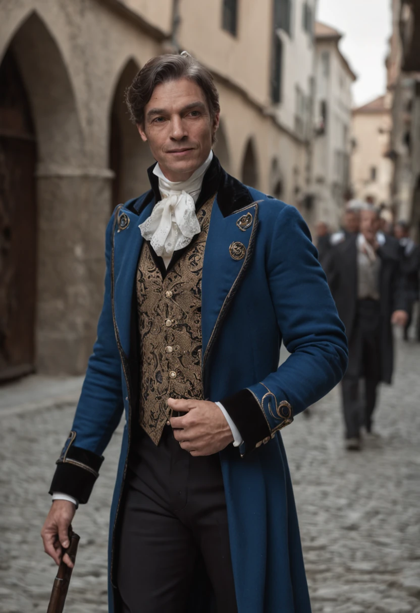 melhor qualidade, Ultra resolution, corpo inteiro, fundo detalhado, realista, 8k, um homem em um traje azul e preto, magro, e muito bonito, musculoso, Magic Pied Piper, vestindo um sobre-tudo preto que lhe da poder magico, and white shoes with magical power, Super evil villain, walking down a city alley playing his magic flute.