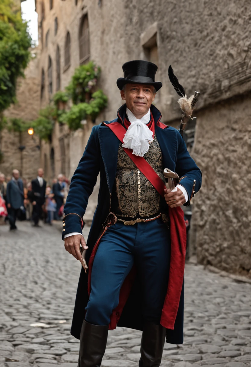 melhor qualidade, Ultra resolution, corpo inteiro, fundo detalhado, realista, 8k, um homem em um traje azul e preto, magro, e muito bonito, musculoso, Magic Pied Piper, vestindo um sobre-tudo preto que lhe da poder magico, and white shoes with magical power, Super evil villain, walking down a city alley playing his magic flute.