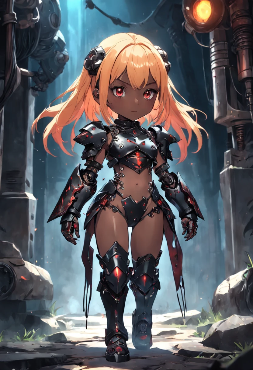 beautiful little girl, bone power armor made of joints , dark skin, ((githuc style)), (big tit), mechanical eye, ( spicy power armor little girl gothic style), mascara , best quality, sharp even fangs , teeth ,light, rain