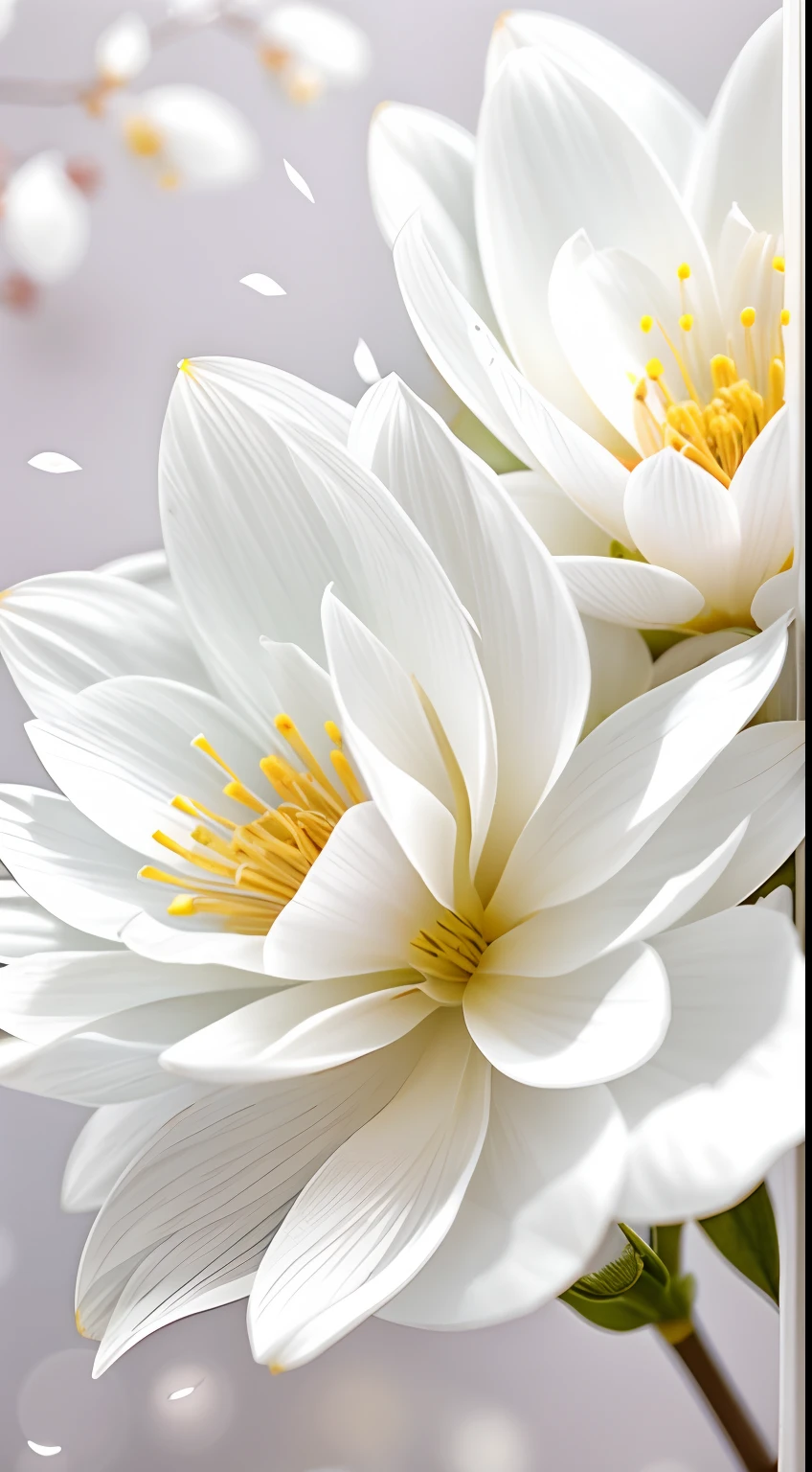 A bouquet of white plum blossoms, ultra-transparent, holy light, beautiful spectral light, dew on petals, twinkle, morning background, transparent droplets, reflected light, bright, light flowing inward, optical, portrait silhouette, sharp focus, magical, intricate, surrealism, fantasy, composition, light, art station trend, pearl, silver patronus cloud pair, caustic surround ray family 16k, ureal ar 23v4 uplight