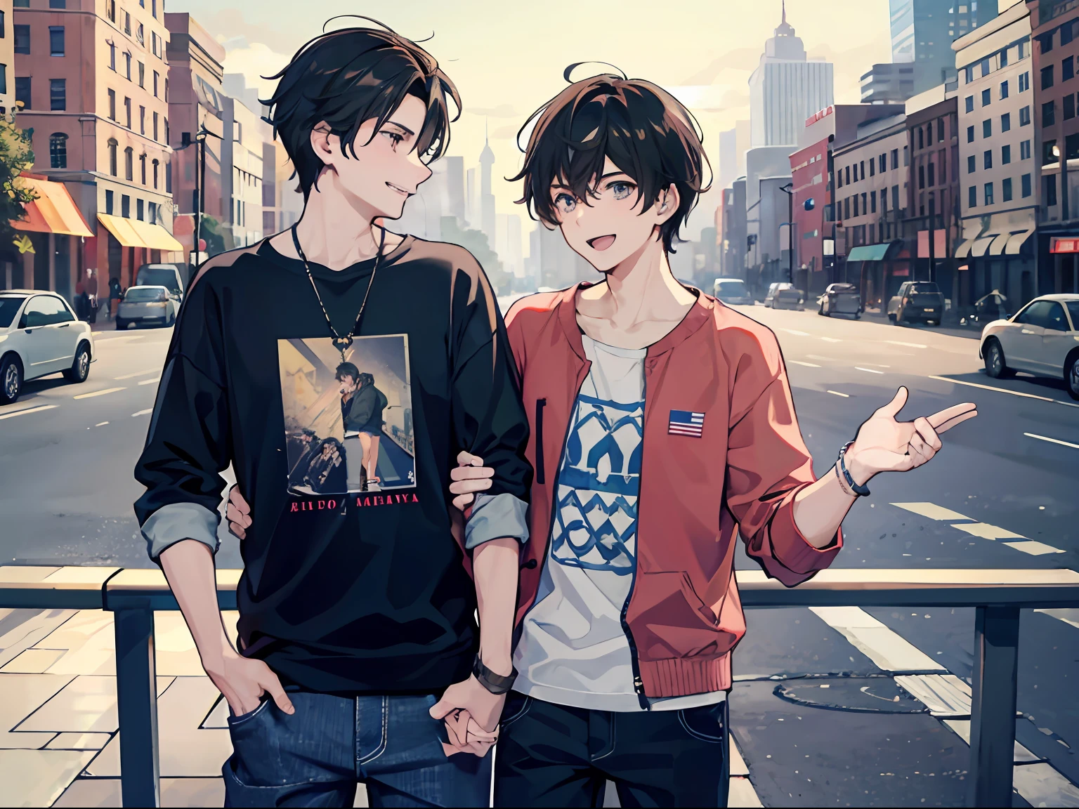 gay male relationship,casual clothes,American fasion,smiling,city boy