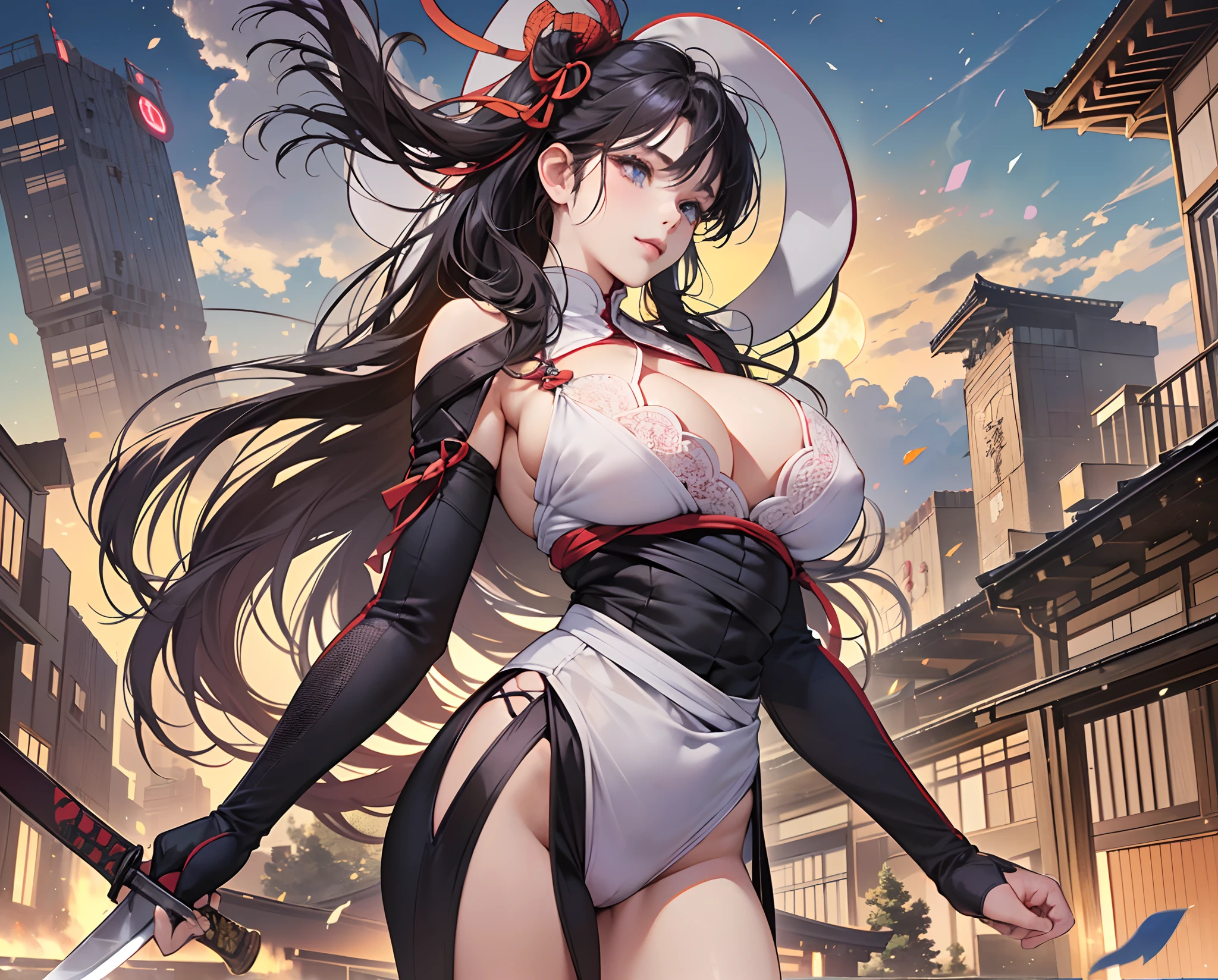 (8K, top-quality, masterpiece: 1.2), realisitic, 超A high resolution, intricate detailes, 1girl in,((Very short loli girl:1.4)), Smiling 10 years old, (Twin-tailed:1.4), (((Ninja showing off very huge breasts and beautiful body with both arms outstretched, Bare shoulders, Detached sleeves, Mesh fabric at the chest,There is a large cleavage on the chest)), (((Super lascivious ninja suit with legs slightly open on a very high roof and crotch completely exposed:1.4)))、((Showing off a fully exposed hip joint:1.4)),(((Japan holding a sword:1.4))),(the hair flutters with the wind:1.5),(low angles:1.4), ((Japanese castle:1.4 )), ((Moon Night:1.4)),((Dark hair)),(Very big and flashy hair ribbon:1.4),((Spread both arms:1.5,)),Realistic Anime 3D Style, Smooth Anime CG Art, Realistic and beautiful 3D animation, Realistic anime, realistic young anime girl,Sakimi-chan HDRI, (Sheer areol:1.3), Beautiful thighs in full open, Naked beauty is big、((So Huge Breasts:1.5)), Big Tits:1.3, very thin waist:1.4,Showing off a very odious body:1.3 --auto --s2