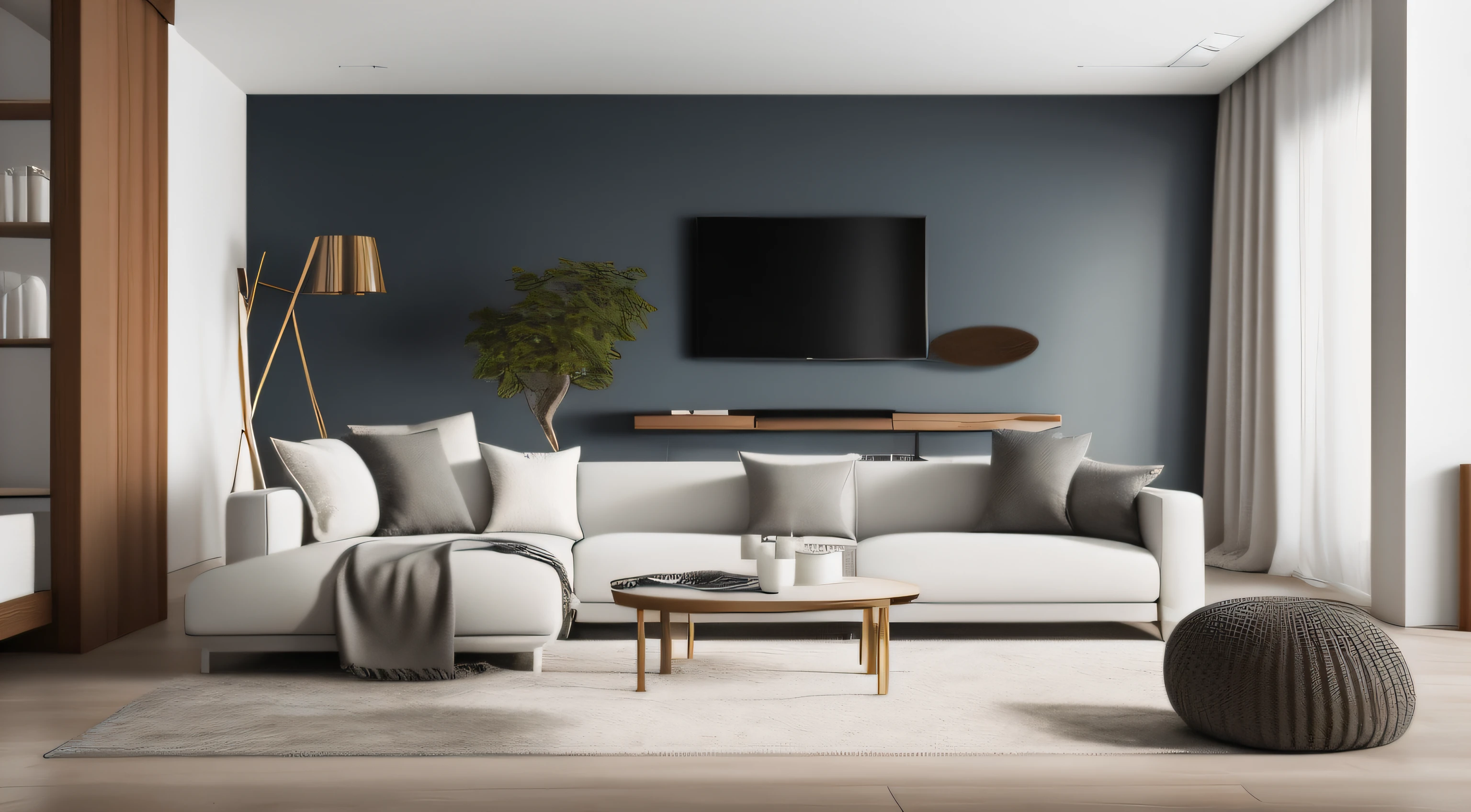 Craft an AI artwork that embodies the serene simplicity of Japandi design in a modern living room, blending Japanese minimalism and Scandinavian warmth.