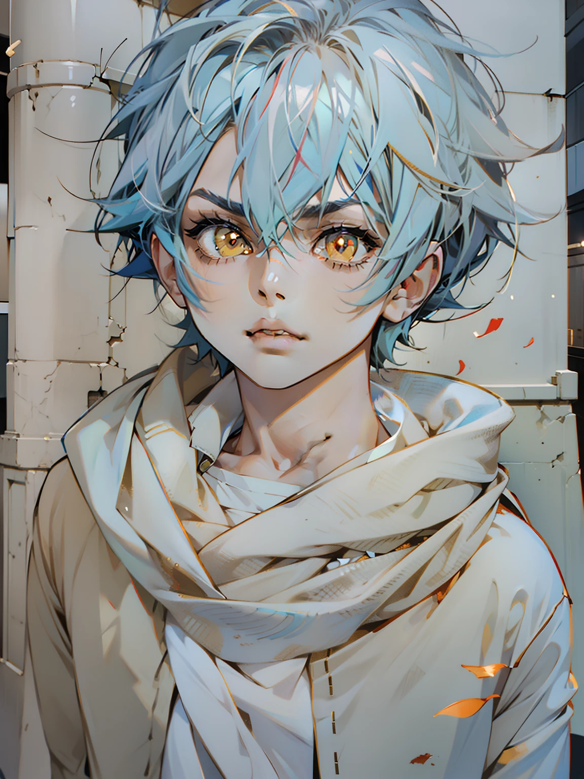 blue hairs，short detailed hair，red pupils, Anime boy in yellow, walking at street, full bodyesbian:: Sunny weather::, made with anime painter studio, Urban Boy Works, full body portrait of a short!, Makoto shinkai style, Anime wear beautiful clothes, drawn in anime painter studio, 3 D painting