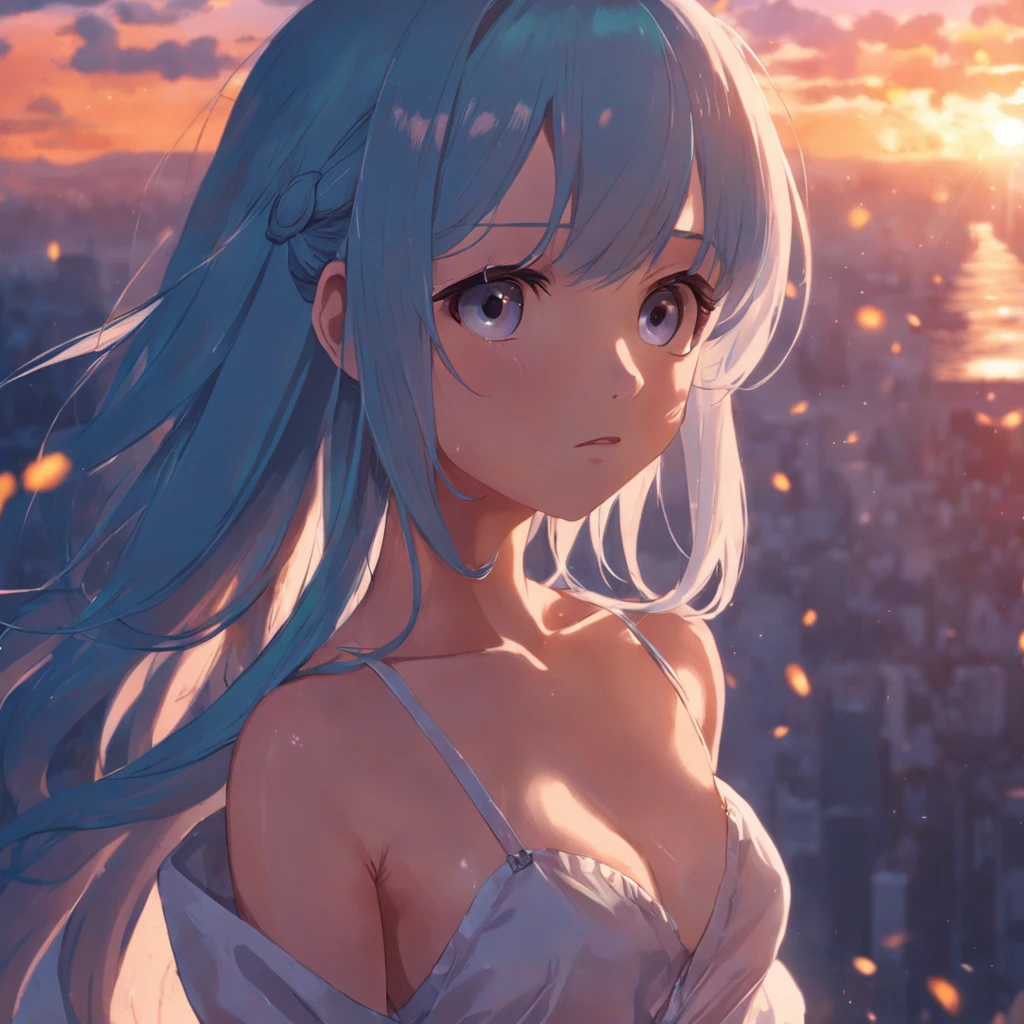 tmasterpiece,best qualtiy,cinematic Film still from,1girl,Kizi,Sunset clouds,s girl,8K,Floating in the sky,closeup cleavage,brightly,cheerfulness,Warm and soft lighting,evening light,(spark of light:0.7)