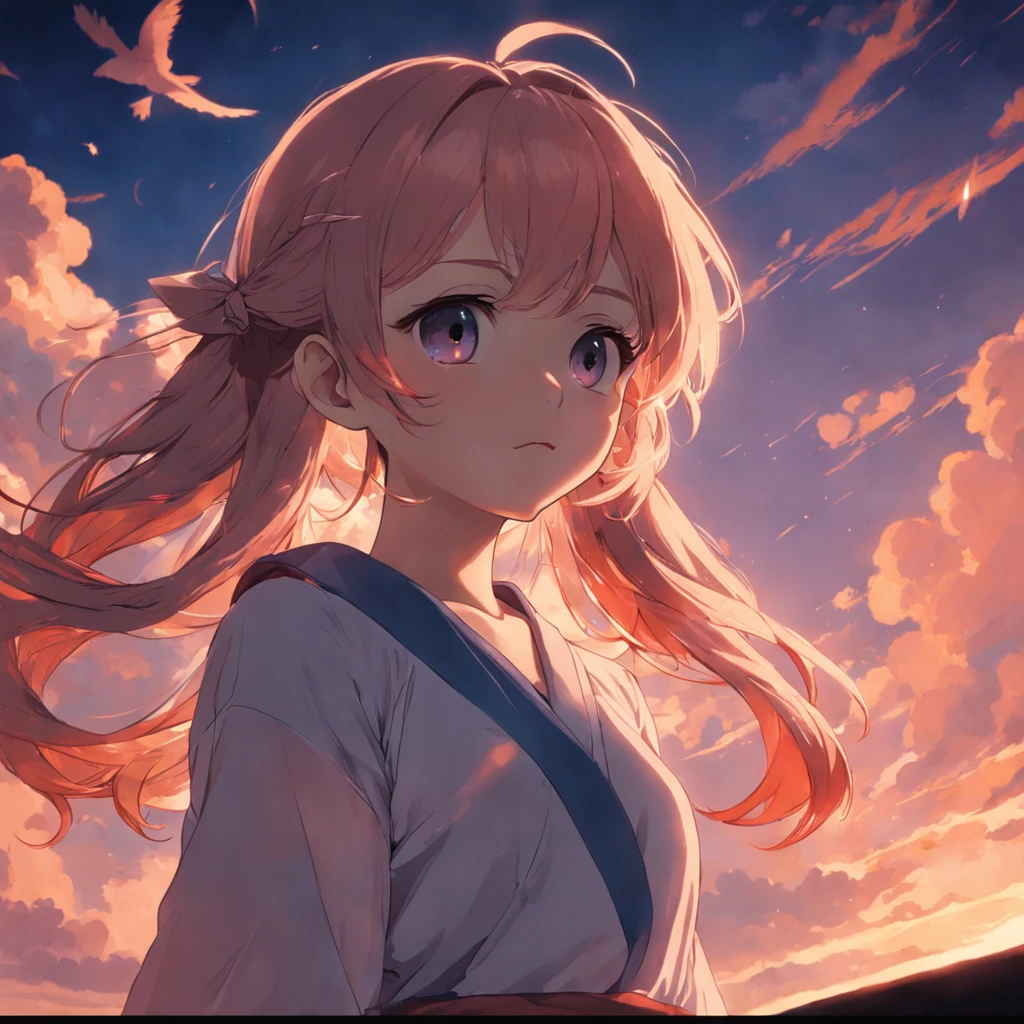 tmasterpiece,best qualtiy,cinematic Film still from,1girl,Kizi,Sunset clouds,s girl,8K,Floating in the sky,closeup cleavage,brightly,cheerfulness,Warm and soft lighting,evening light,(spark of light:0.7)