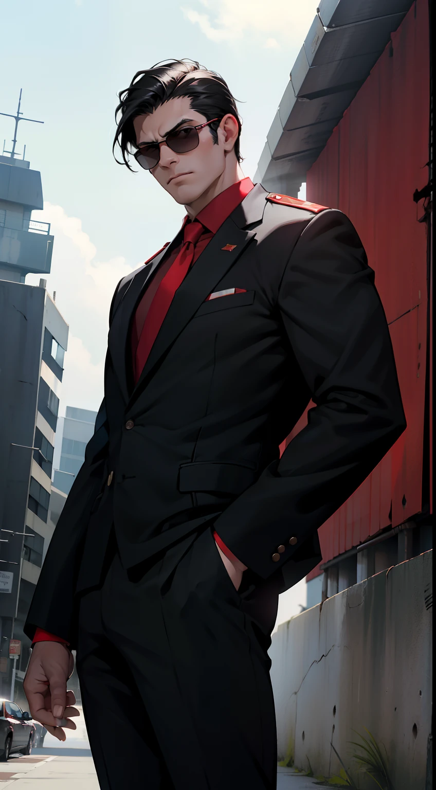 solo, male, tall, spy, black hair, red eyes, wear red tie, wear black sunglasses, wear black suit outfit, look at camera, grabbing gun, standing on military base, military base background, daytime, near angle, low view