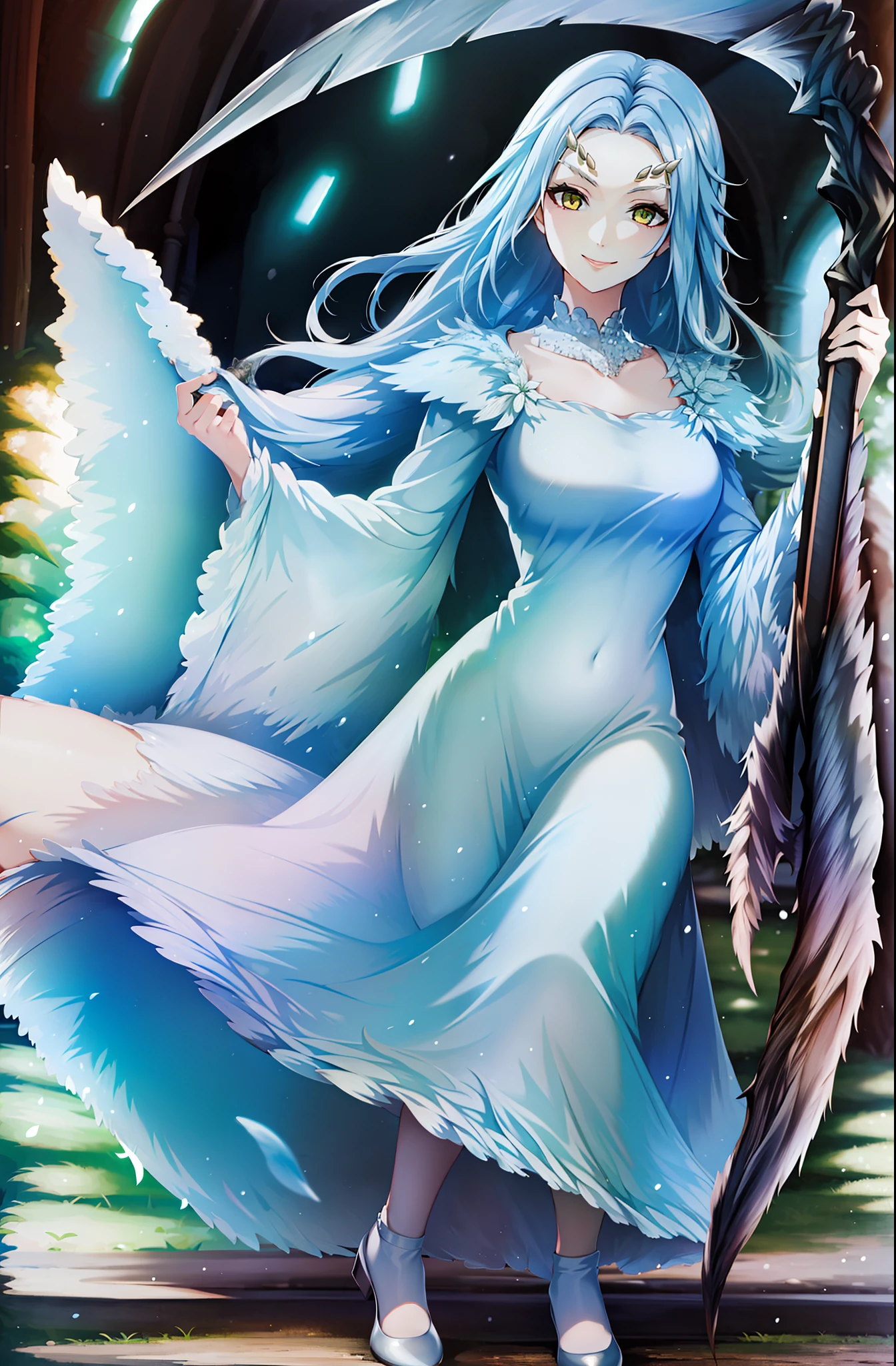 ((masterpiece)), ((best quality)), ((highres)), ((finely detail)), 1girl,priscilla the crossbreed, holding scythe, white dress, full body,smile