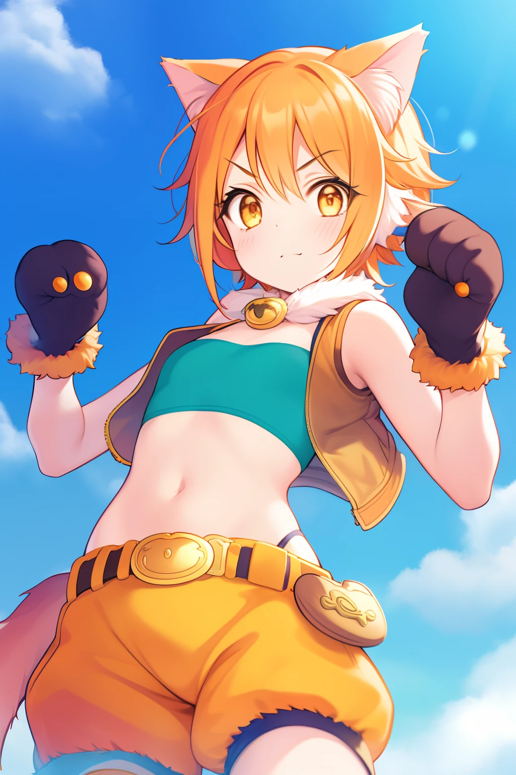 orange hair, short hair, orange eyes, girl with cat ears, green chest band, light orange shorts, light brown small vest,belt, cat paw gloves, high quality, top quality, fantasy town, fantasy city, castle, beautiful cityscape, blue sky, cute, serious face