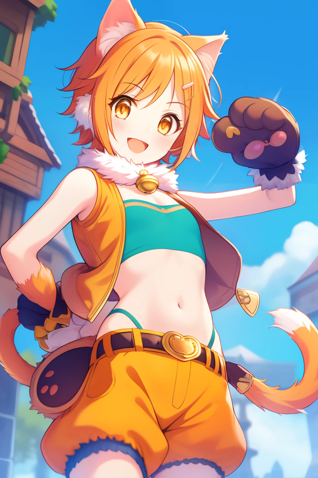 orange hair, short hair, orange eyes, girl with cat ears, green chest band, light orange shorts, light brown small vest,belt, cat paw gloves, high quality, top quality, town, city, western castle, blue sky, smile, cute, :d