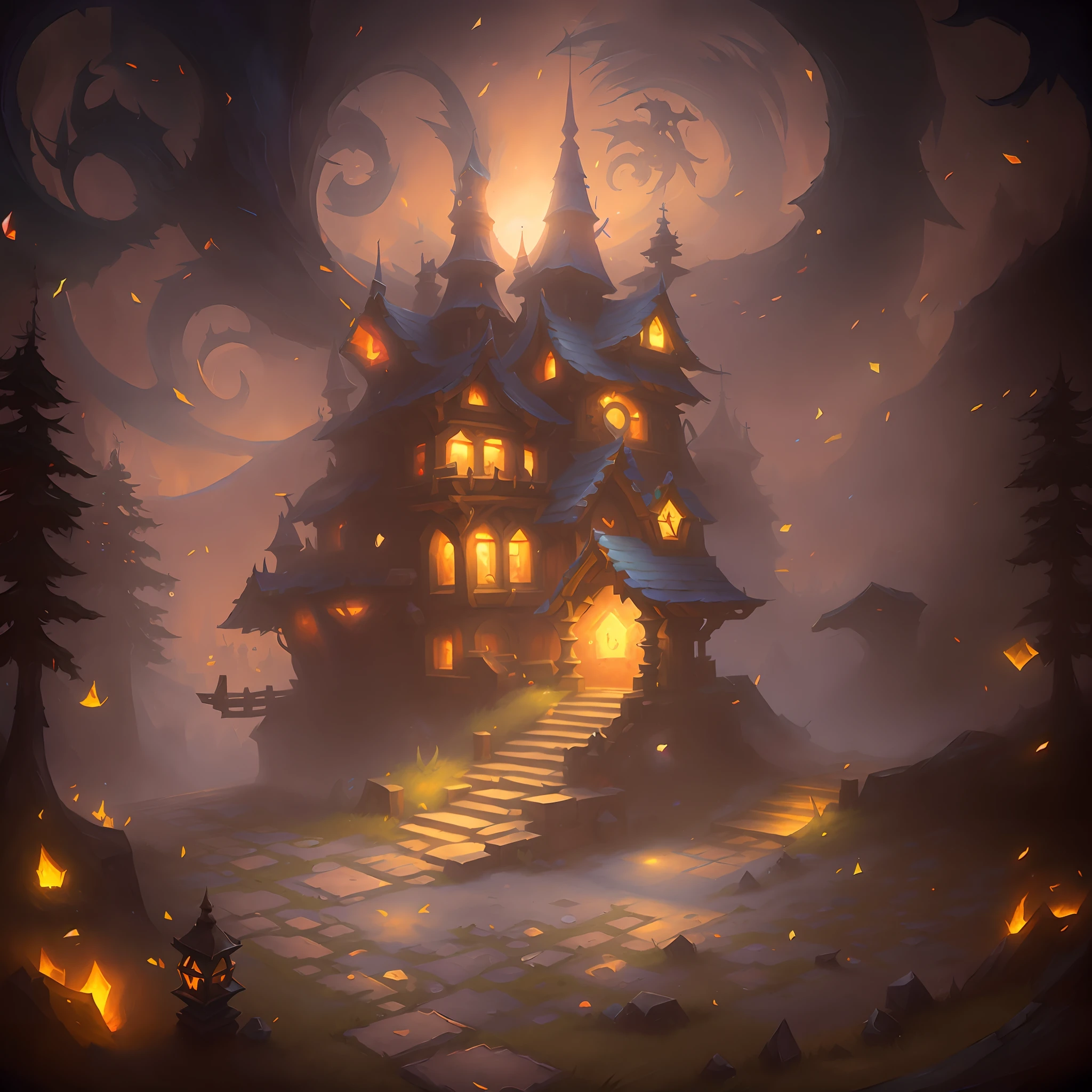 pintura de uma casa com muitas luzes sobre ela, arte do jogo de cartas de hearthstone. ", Arte conceitual de Hearthstone, fantasia estilo de arte hearthstone, Arte conceitual de Hearthstone da Blizzard, Arte de Hearthstone, inspirado em Andreas Rocha, arte do jogo de cartas de hearthstone, Epic Fantasy Digital Art Style, Arte estilo Hearthstone, hearthstone card art, hearthstone card art, Arte de Hearthstone, scary magical background, Estilo de Arte de Hearthstone