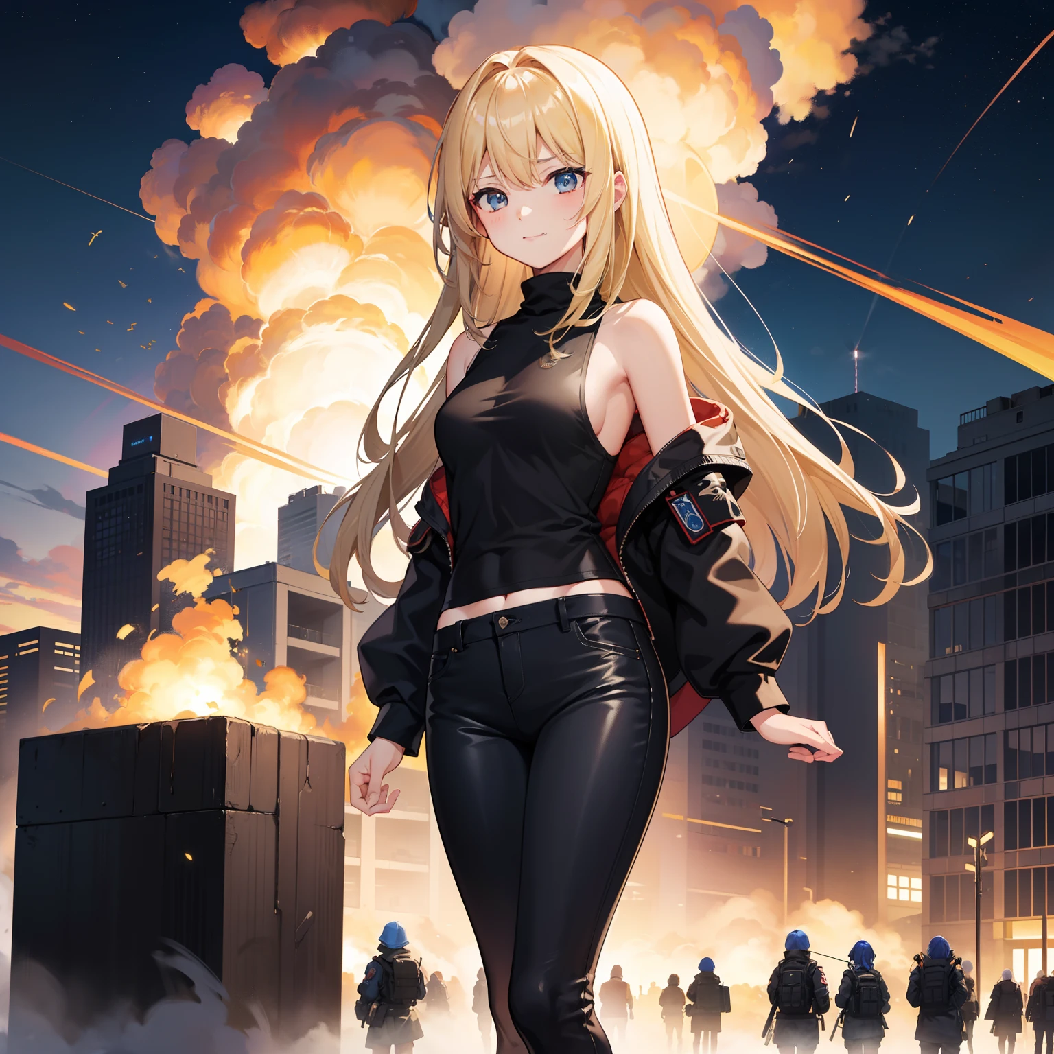 Explosion of a military base、big explosion、top-quality、masterpiece、超A high resolution、girl with、cute little、middle school girl、semi long hair、A smile、the perfect body、beautiful countenance、Tindall Effect、Black tank top、Black skinny pants、during night、by night、a blond、Blonde girl、Blue eyes、A girl is blowing up a building、Invade the base