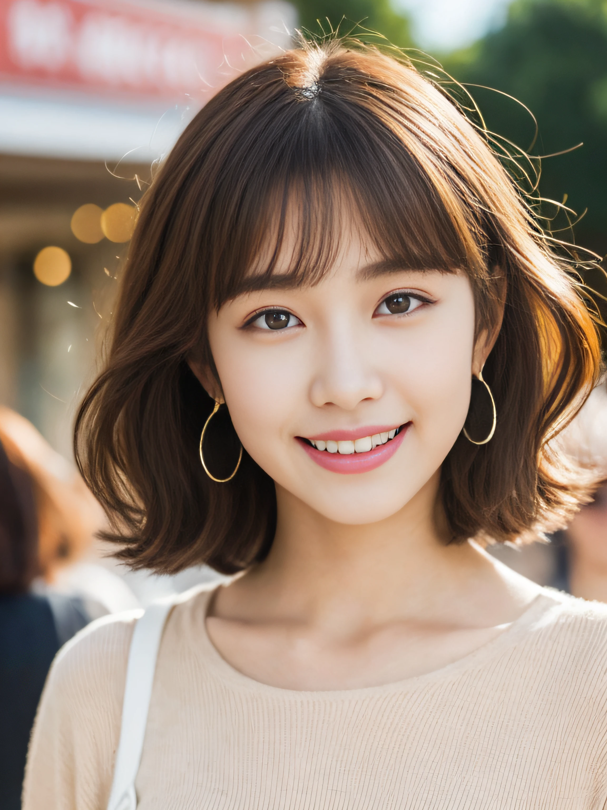 (8k, RAW photos, top quality, masterpiece: 1.2), ultra detailed, super resolution, (real, real photos: 1.37), portraits, high definition RAW color photos, professional photos, very detailed and beautiful, highly detailed, 8k wallpapers, amazing details, huge file size, official art, highly detailed CG Unity 8k wallpapers, highly detailed beautiful girls, highly detailed faces, Highly detailed eyes, Highly detailed skin, Highly detailed fingers, Highly detailed nose, Highly detailed detailed mouth, Perfect anatomy, Highly detailed background, Highly detailed clothing, (18:1.2), 30s, Cute girl, Famous Japan idol, Cute, Realistic Body, Petite, White skin, Radiant skin, Slim body, Handsome body, Brown hair, Short curly hair, (Blunt bangs: 1.2), smile, cute, youthful, pretty face, realistic face, delicate eyes, sagging eyes, beige shirt, skirt, earrings, camera gaze, front facing, standing, contrappost, high street, dynamic lighting, indoor