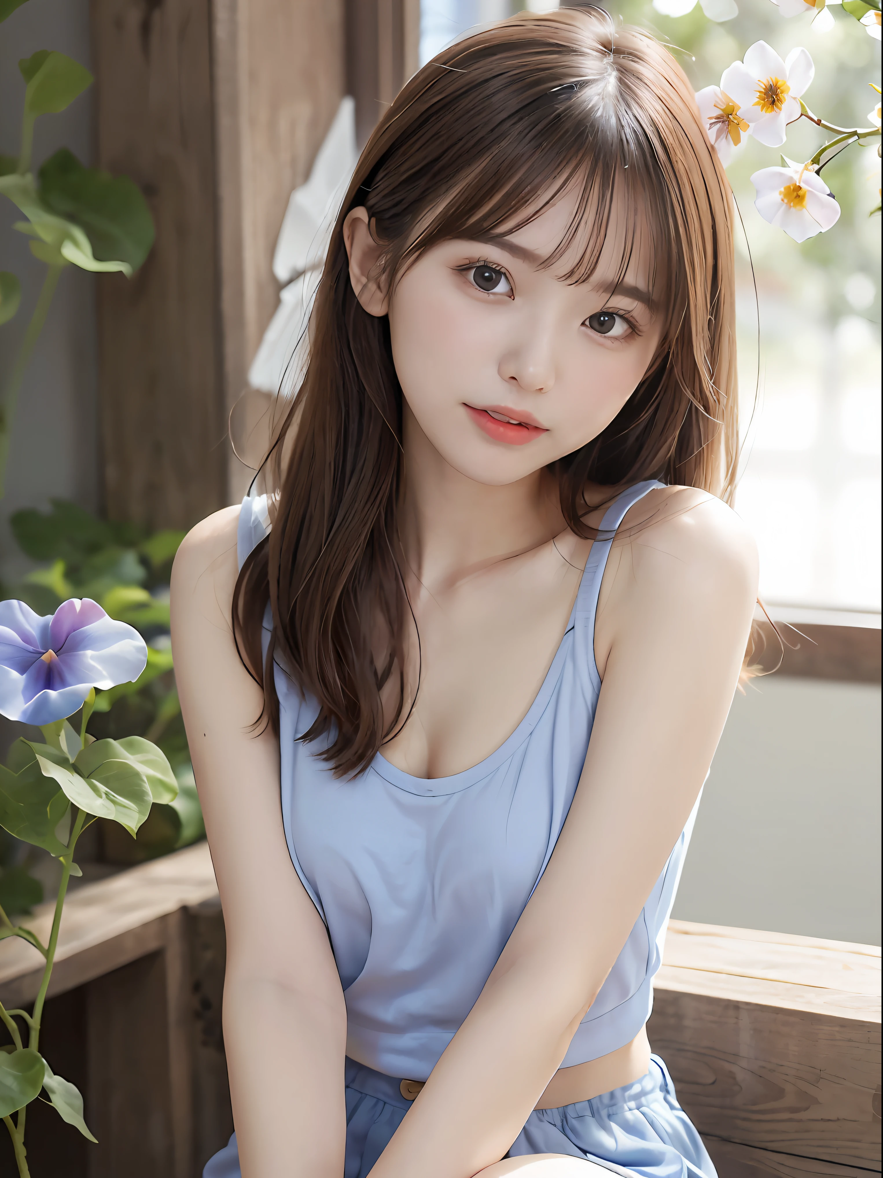 (Close up portrait of a girl in a white tank top and、slender small chest with twin-tailed hair,:1.5)、(One girl sticking out her tongue at morning glory flowers:1.5)、(Blue Sky Park:1.3)、(tre anatomically correct:1.3)、(complete hands:1.3)、(complete fingers:1.3)、(cleavage of the breast)、Photorealsitic、Raw photography、masutepiece、top-quality、Hi-Res、delicate and pretty、face perfect、Beautiful detailed eyes、Fair skin、Real Human Skin、pores、((thin legs))、(Dark hair)