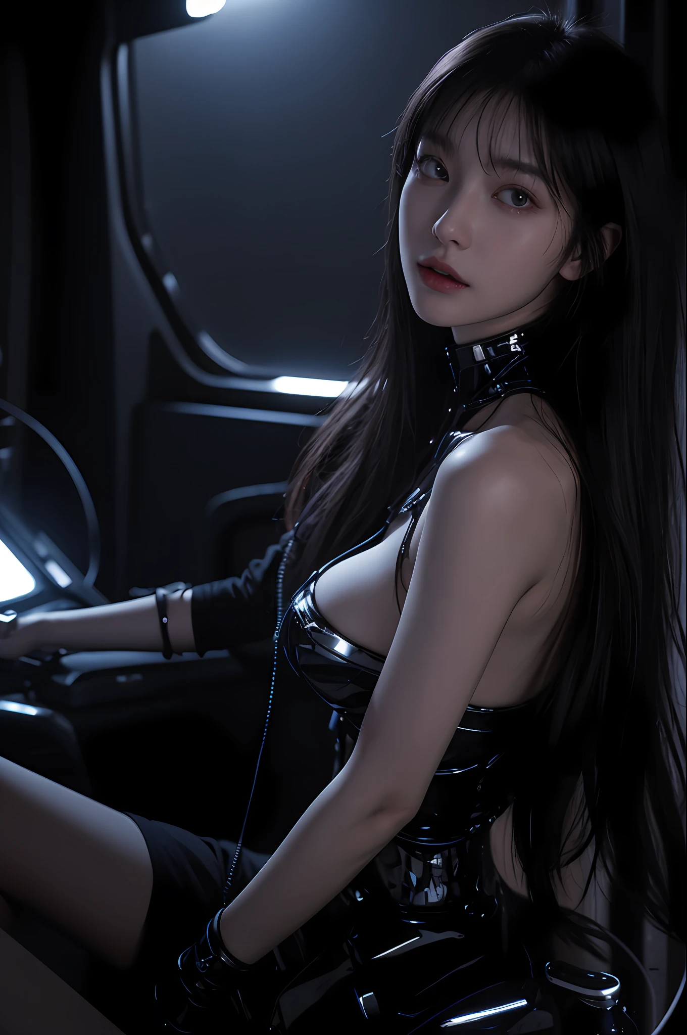 top-quality、master-piece、超High resolution、(real light:1.4)、RAW photo、1 girl、Black Hair、gleaming skin、1mechanical girl、((Super realistic detail))、portrait、Global Illumination、glossy、octanerender、10、Ultra Sharp、Colossal、Raw skin is revealed in cleavage.、Metal、Details of intricate jewelry、Headphone headset、Hydraulic cylinder、Gothloli Details、Realistic lighting、CGSoation trend、purple eyes、shining eyes、facing camera、neon details、mechanical limbs、blood vessels connected to tubes、mechanical vertebra attaching to back、Mechanical cervix attached to the neck.、wires and cables connecting to head、Evangerion、cyberpunked、small LED lamp、central processing unit、Lighting Lamp、perfect proportion、The background is the cockpit of a futuristic spacecraft.、