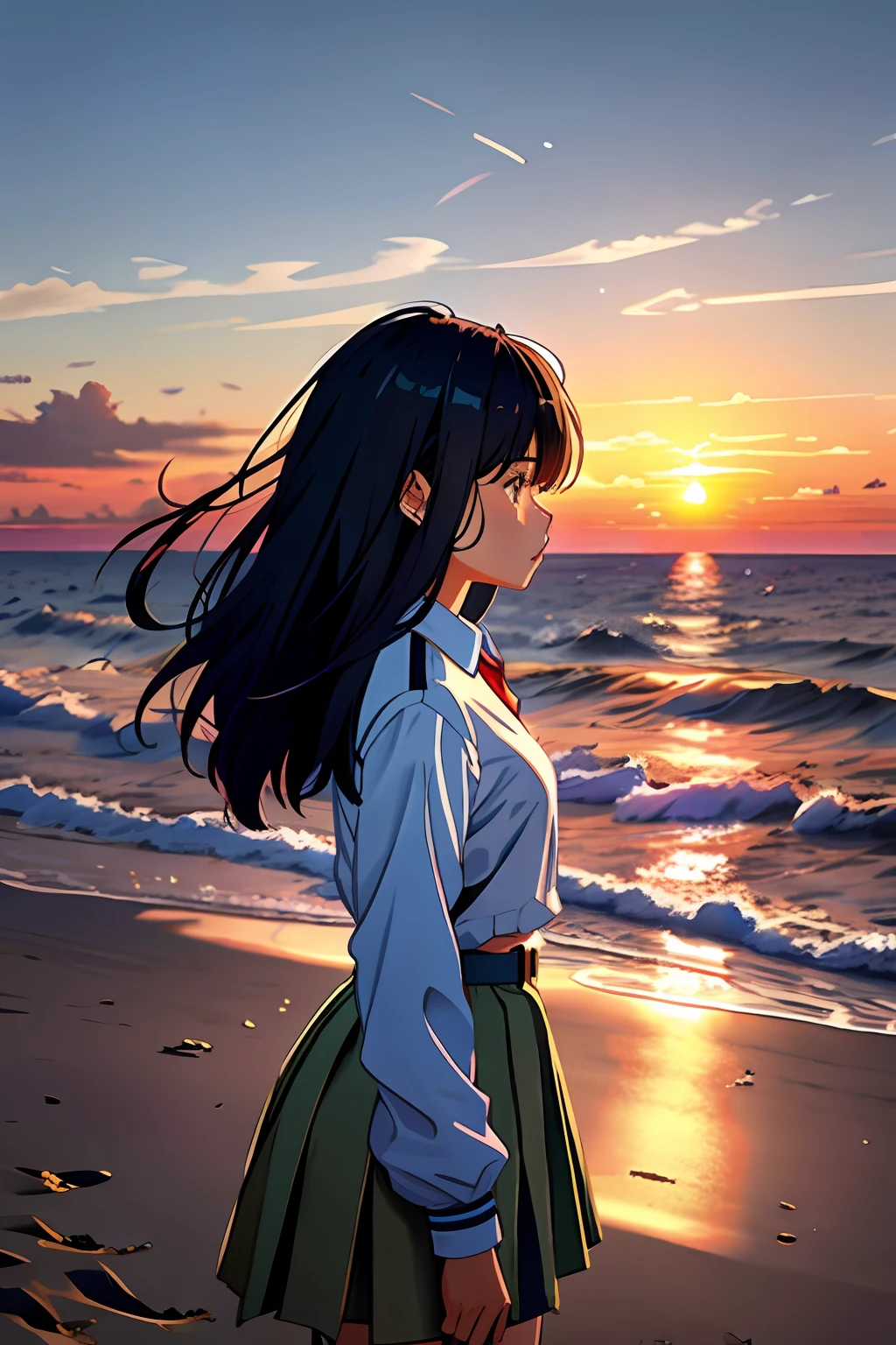 High school girl in uniform、Gaze at the sunset over the horizon from the seaside、tears、profile、sand beach、Sunrise、full bodyesbian、sad、The wind is blowing、The sea is the main thing、I'm crying in amazement