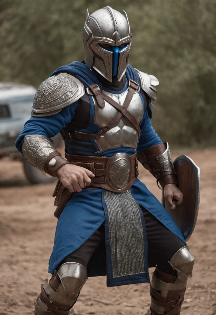 melhor qualidade, Ultra resolution, fundo detalhado, realista, 8k, um homem em um uniforme de combate azul segurando um escudo, korg de Thor como um soldado, armadura azul, Joe GB Fenton, armadura azul e prata gelo, wearing thunder armor, Raio Negro, mace and shield, ciborgue azul, Darkseid, Steve purcell, avatar aang as captain america, personagem de quadrinhos, inspirado em Ivan Ranger, Reed Ricardos