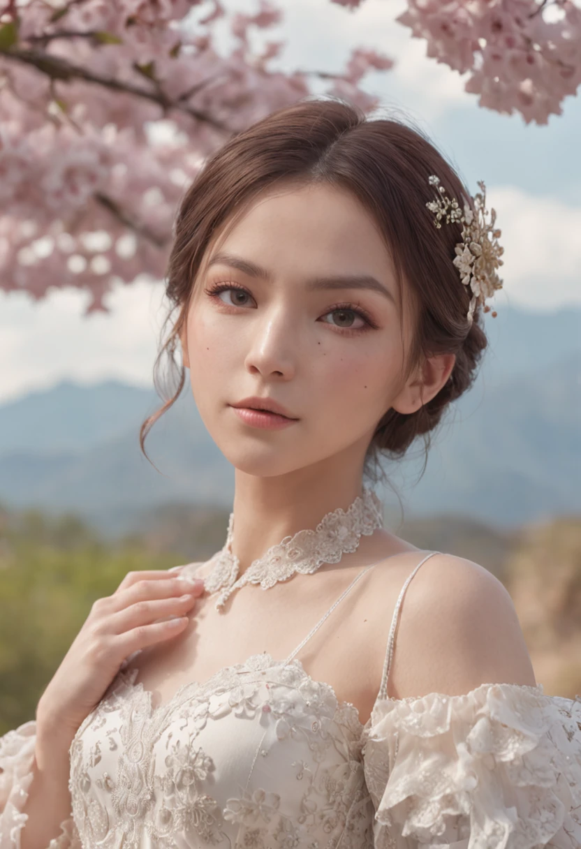 1girl, solo, (flower field:1.2), blossom, clouds and mountains ,(official art, unity 8k wallpaper, ultra detailed, beautiful and aesthetic, masterpiece ,best quality:1.3), ( dynamic angle, pastel tones:1.2), (floating colorful sparkles:1.1) , white dress, elegant, vivid colours, ultra-detailed face, detailed eyes, shiny skin, lustrous lips ,